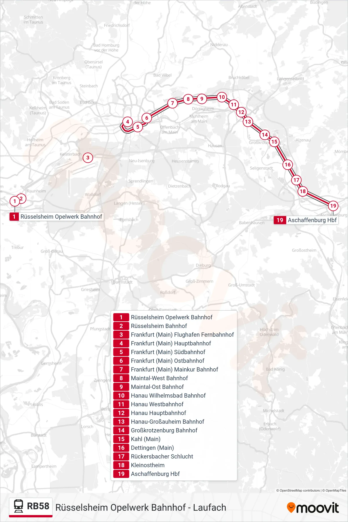 RB58 rail Line (Aschaffenburg Hbf) route and stops on a map
