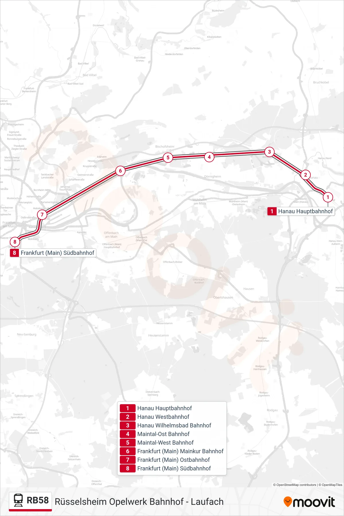 Linie RB58 (Bahn) Richtung Frankfurt (Main) Südbahnhof: Route und Haltestellen auf der Karte