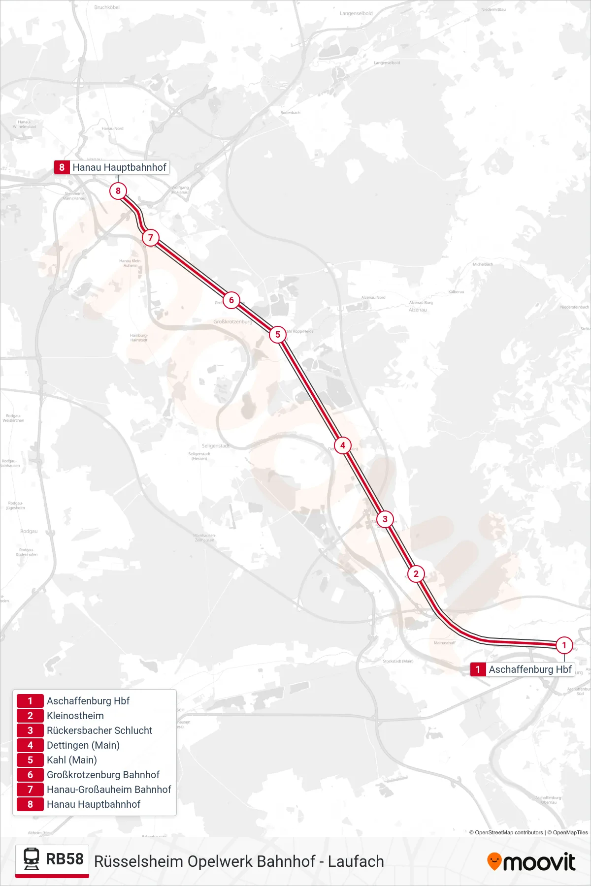 RB58 rail Line (Hanau Hauptbahnhof) route and stops on a map