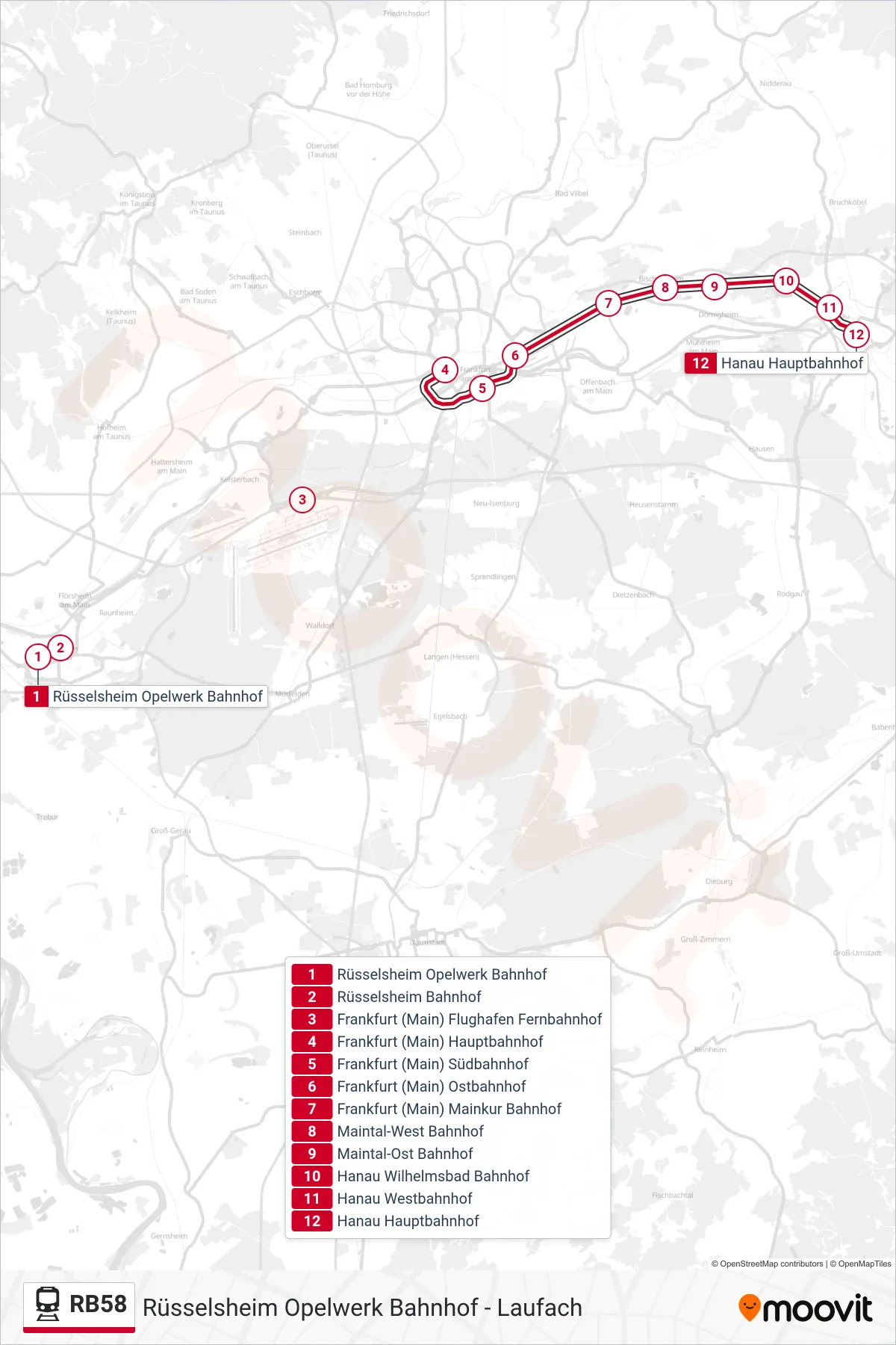 RB58 train Line (Hanau Hauptbahnhof) route and stops on a map