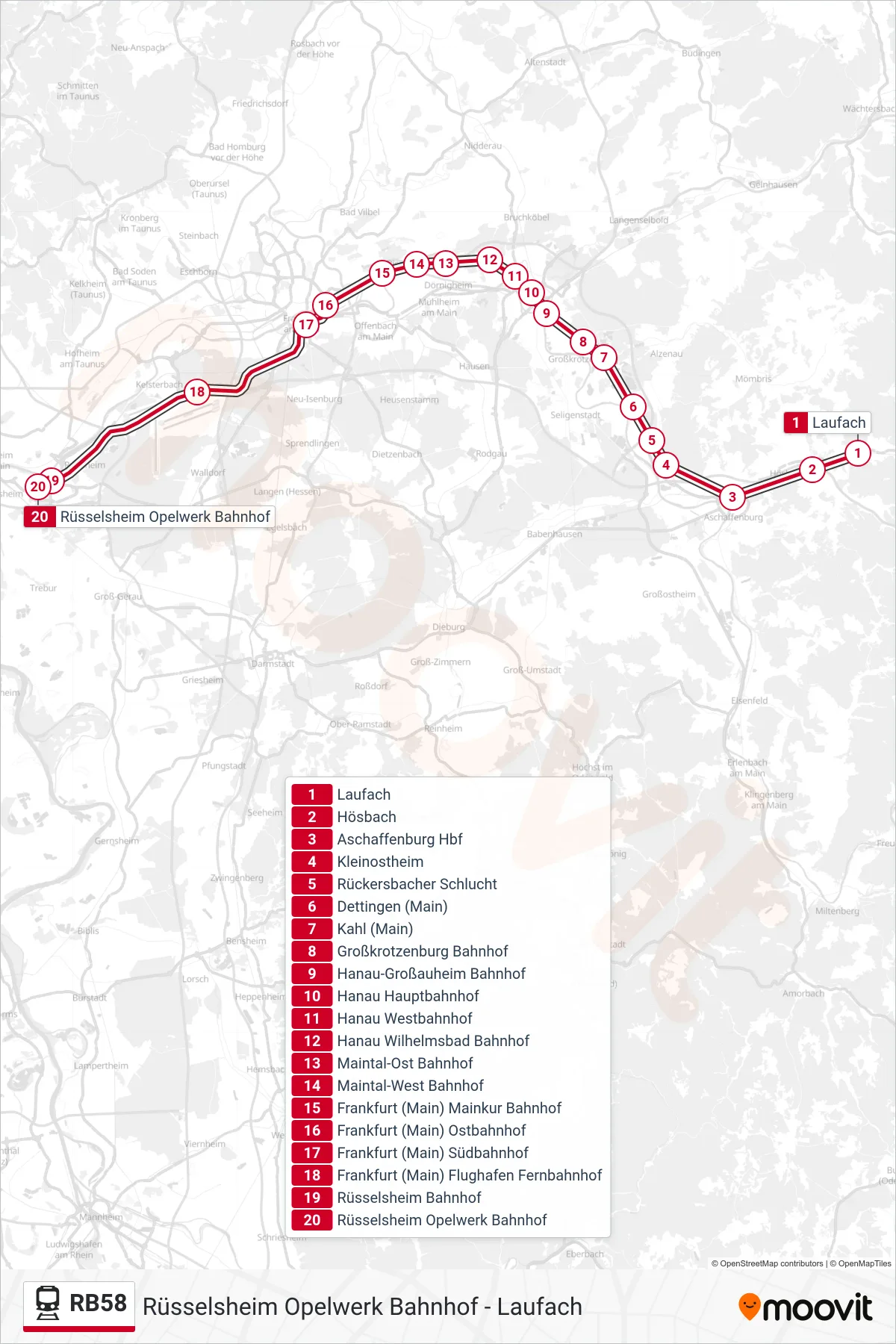 RB58 train Line (Rüsselsheim Opelwerk Bahnhof) route and stops on a map