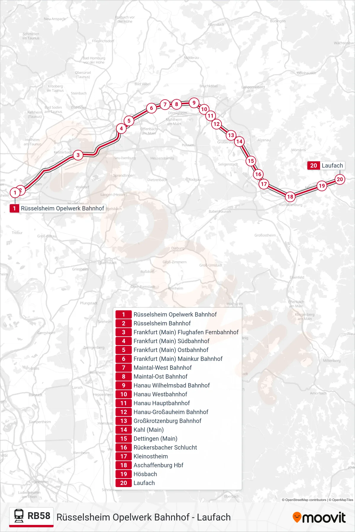 RB58 train Line (Laufach) route and stops on a map
