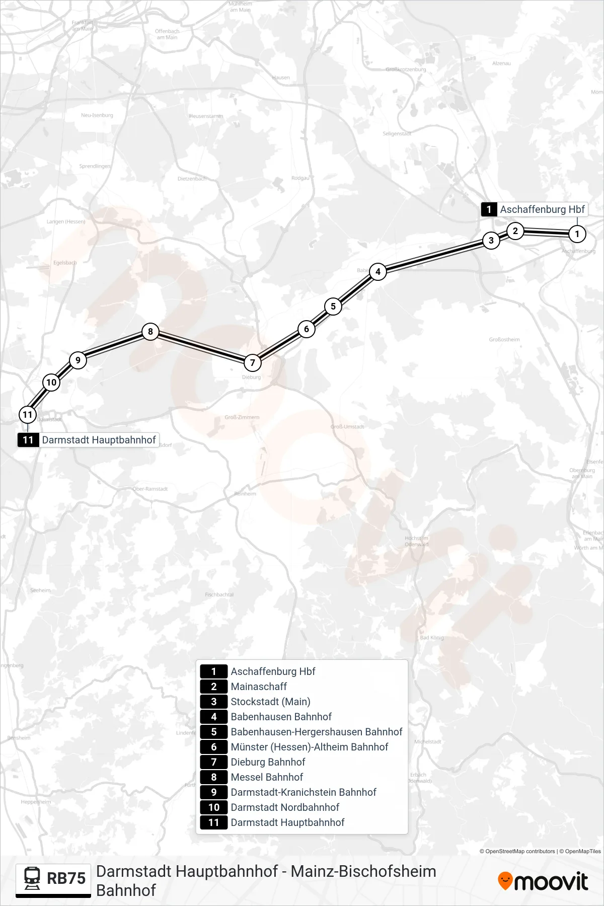 RB75 train Line (Darmstadt Hauptbahnhof) route and stops on a map