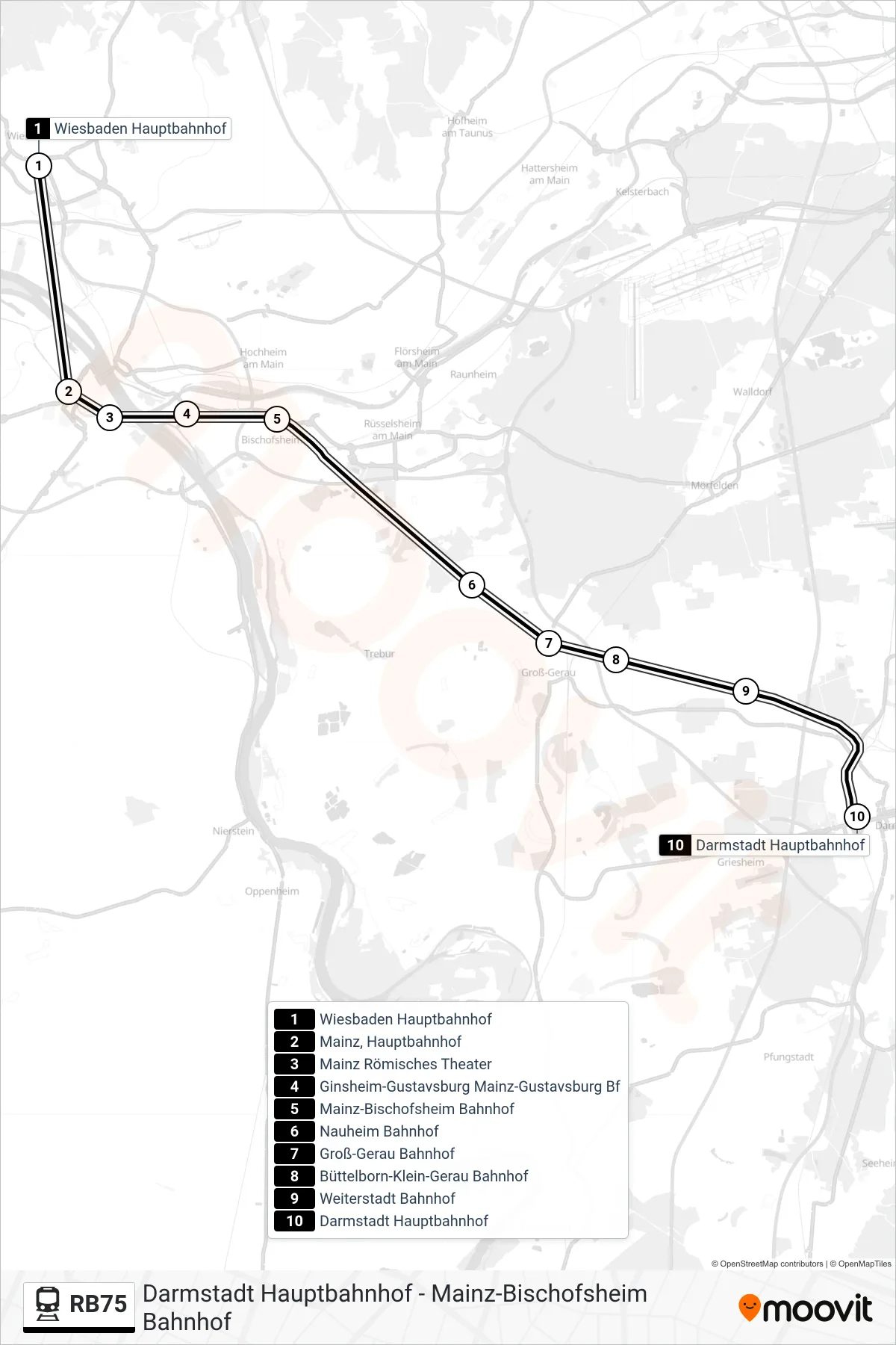 Linie RB75 (Bahn) Richtung Darmstadt Hauptbahnhof: Route und Haltestellen auf der Karte