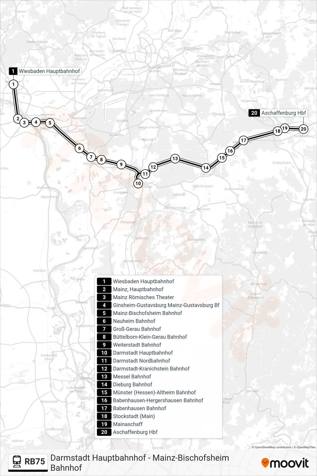 RB75 rail Line (Aschaffenburg Hbf) route and stops on a map