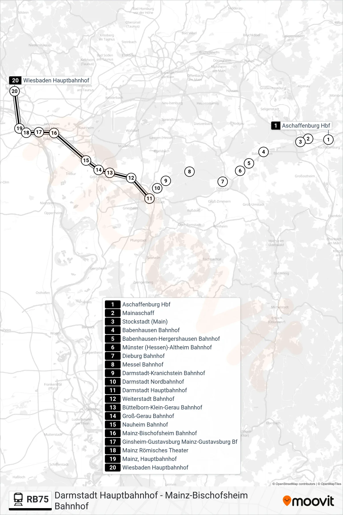 RB75 train Line (Wiesbaden Hauptbahnhof) route and stops on a map
