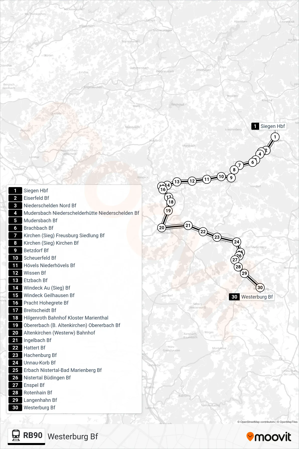 RB90 train Line (Westerburg Bf) route and stops on a map