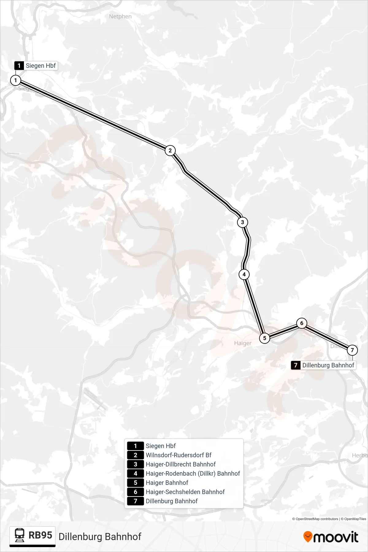 Linie RB95 (Bahn) Richtung Dillenburg Bahnhof: Route und Haltestellen auf der Karte