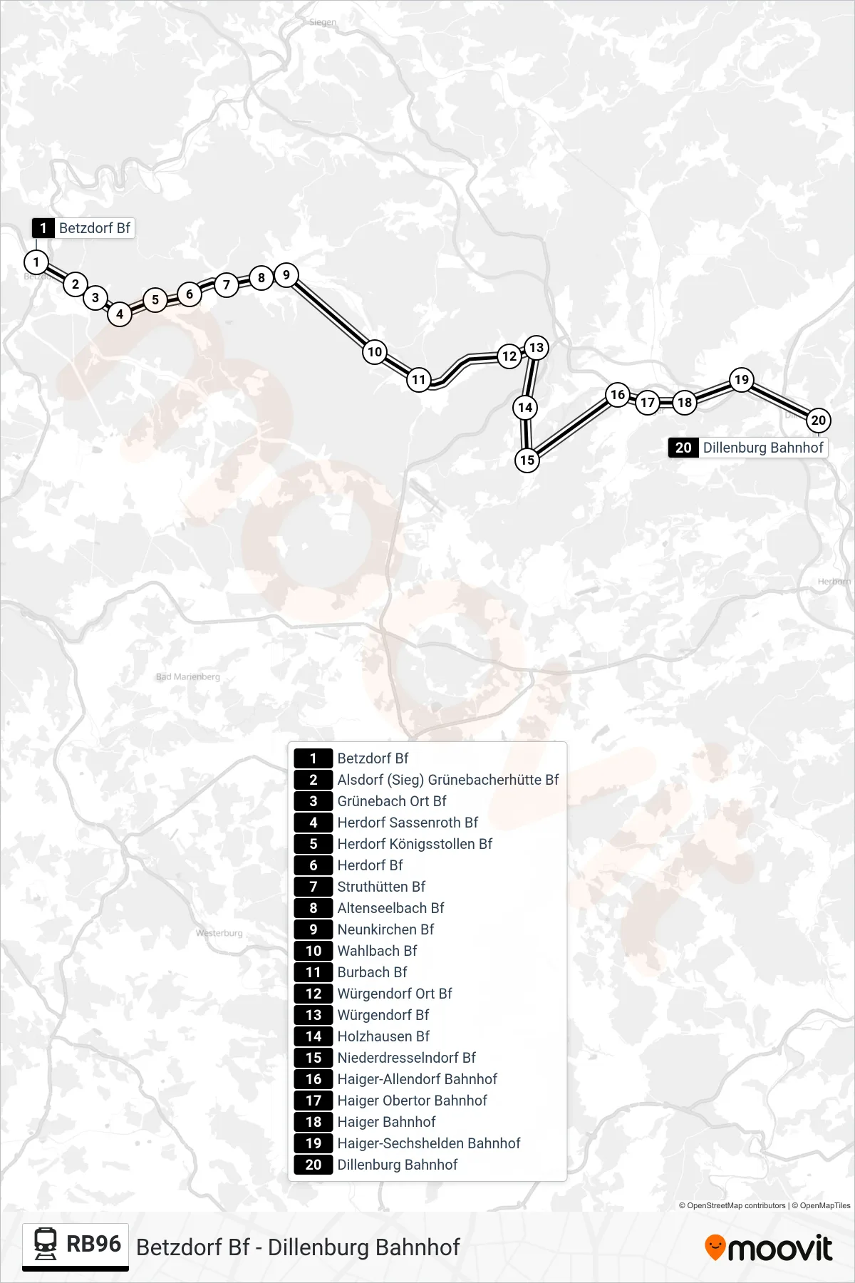 RB96 rail Line (Dillenburg Bahnhof) route and stops on a map