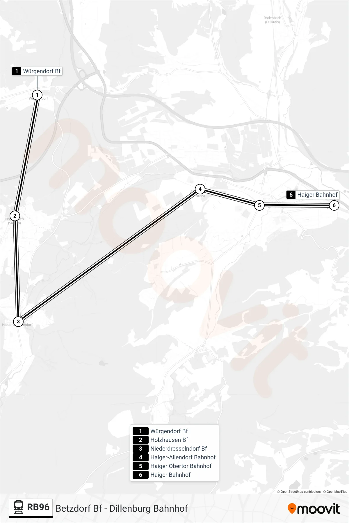 Linie RB96 (Bahn) Richtung Haiger Bahnhof: Route und Haltestellen auf der Karte