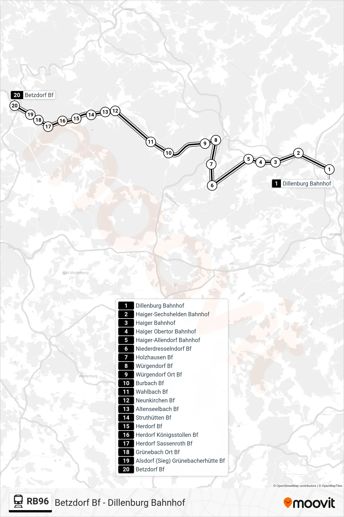 RB96 train Line (Betzdorf Bf) route and stops on a map