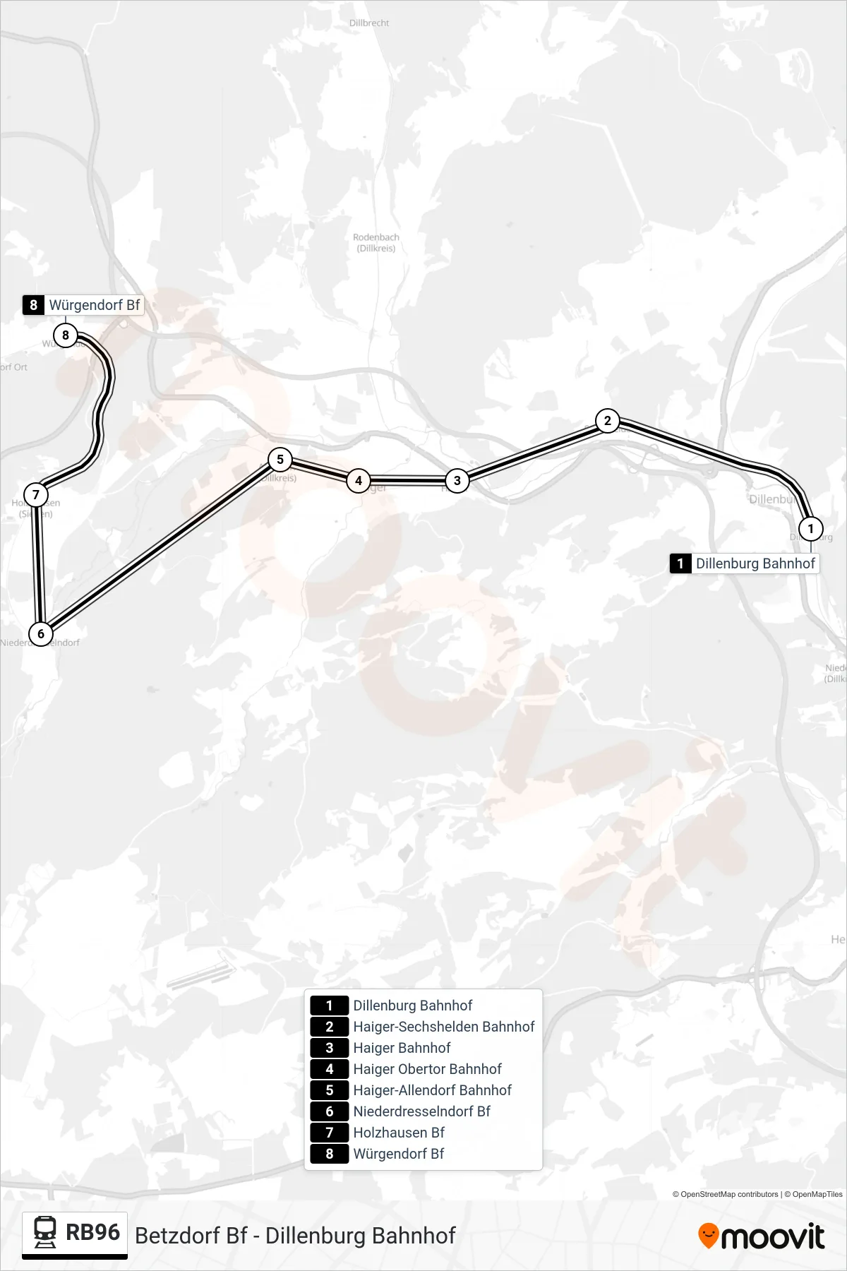 RB96 train Line (Würgendorf Bf) route and stops on a map