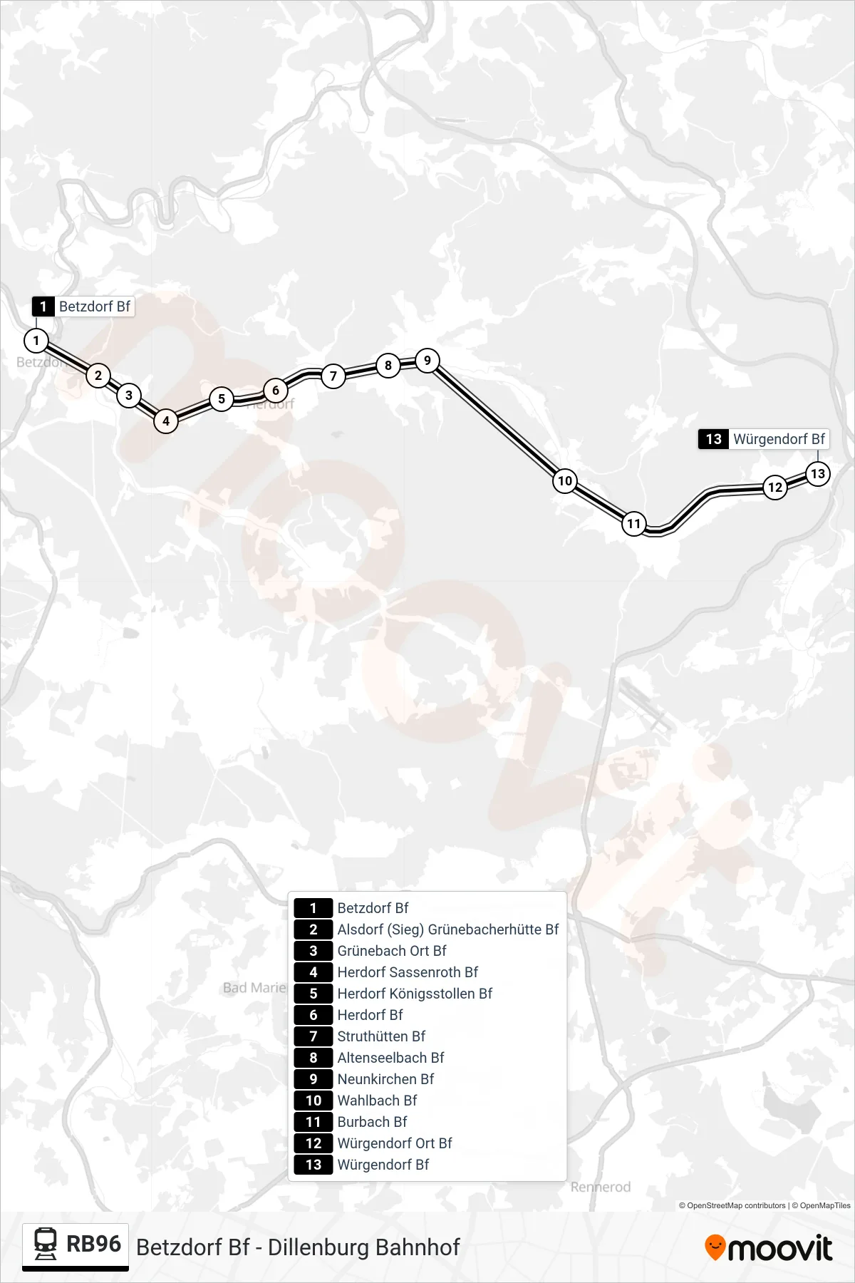 RB96 rail Line (Würgendorf Bf) route and stops on a map
