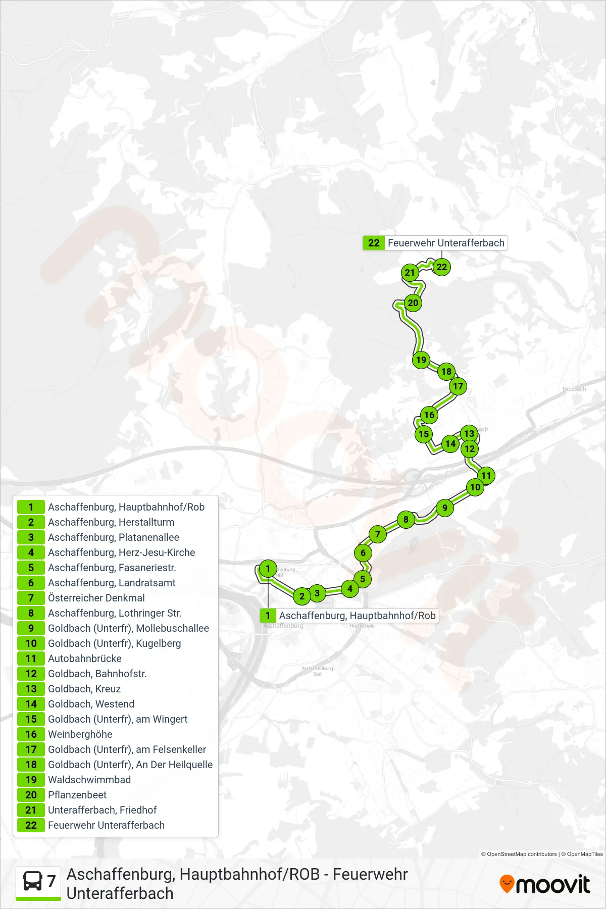 7 bus Line (Feuerwehr Unterafferbach) route and stops on a map