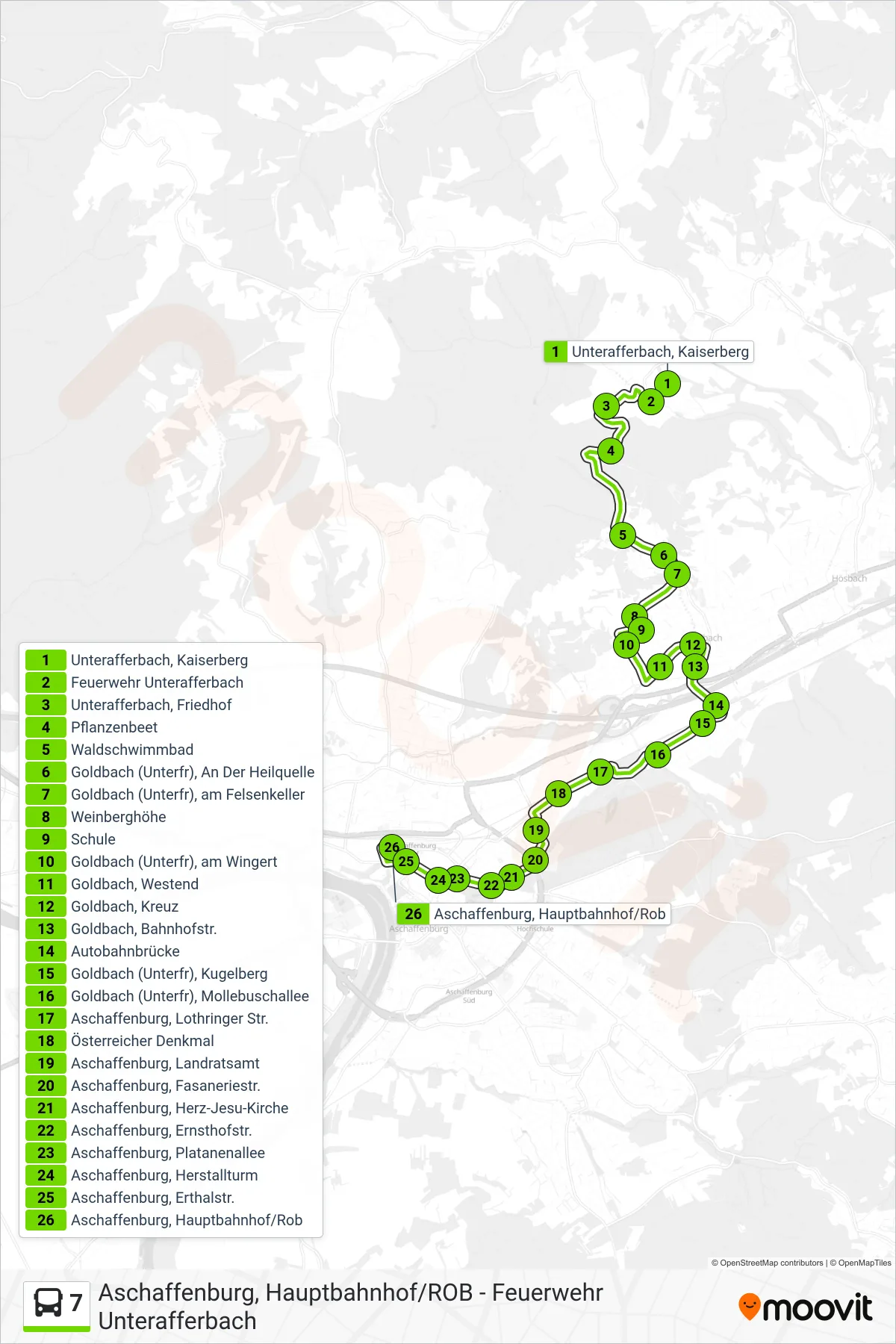 7 bus Line (Aschaffenburg, Hauptbahnhof/Rob) route and stops on a map