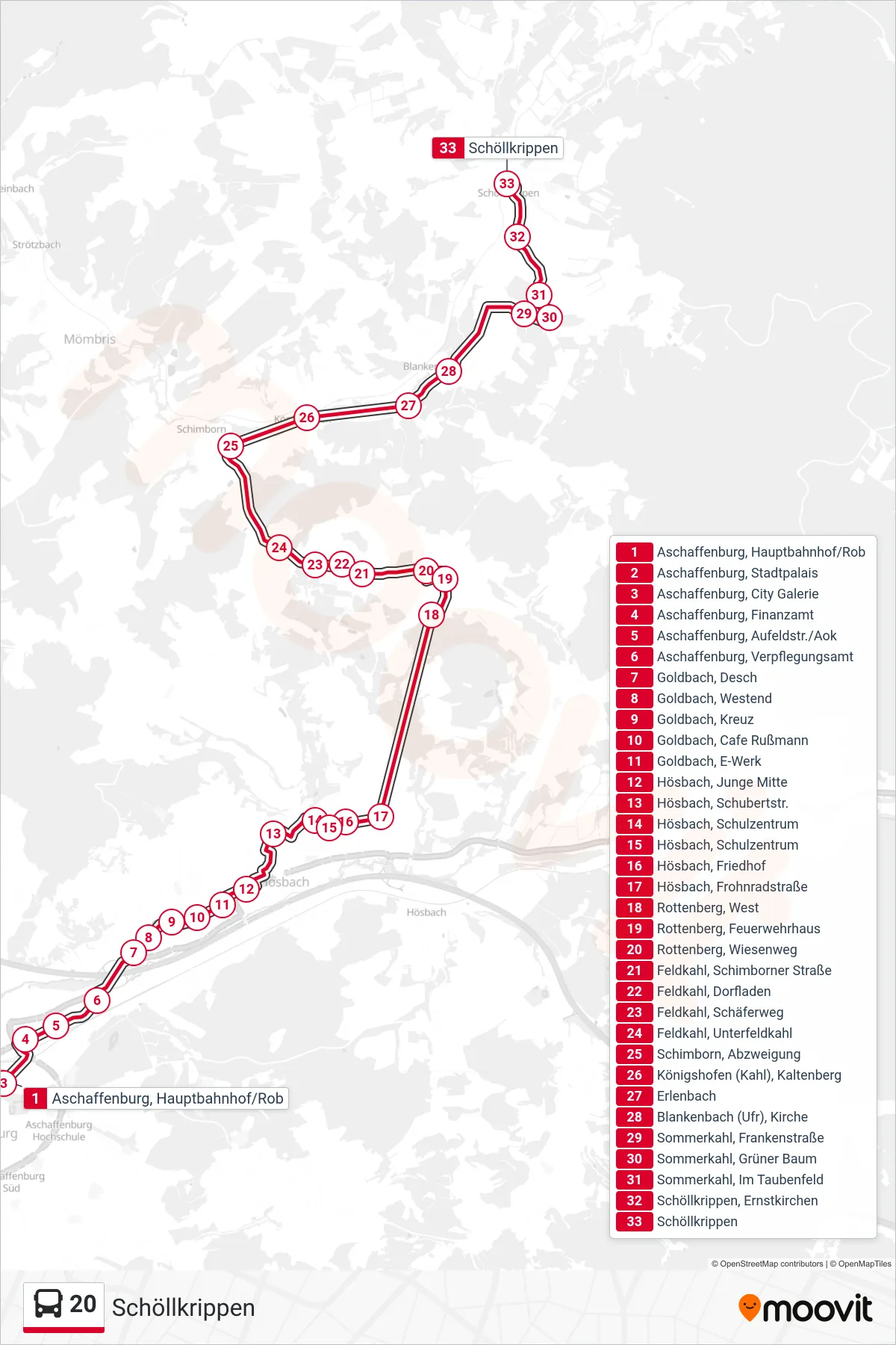 20 bus Line (Schöllkrippen) route and stops on a map