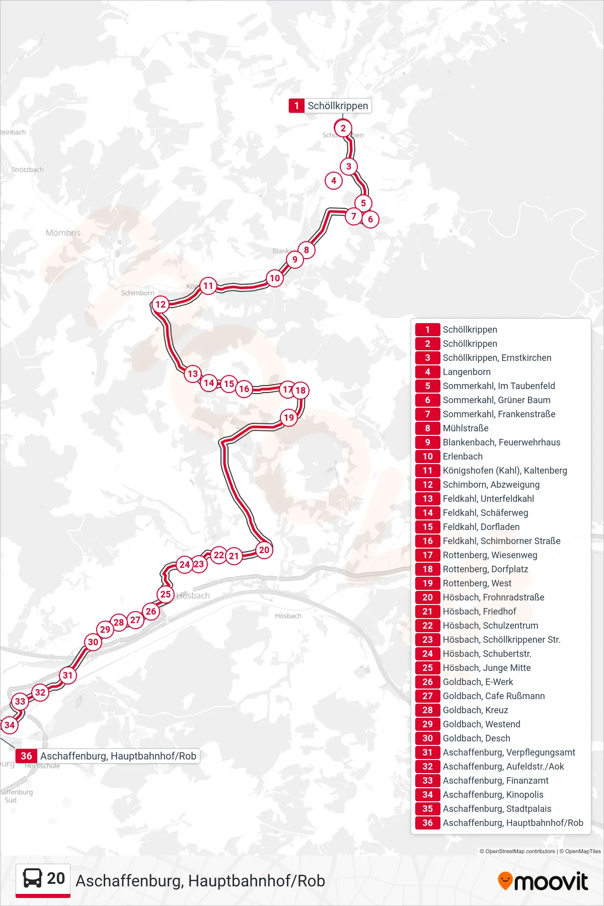 Linie 20 (Bus) Richtung Aschaffenburg, Hauptbahnhof/Rob: Route und Haltestellen auf der Karte