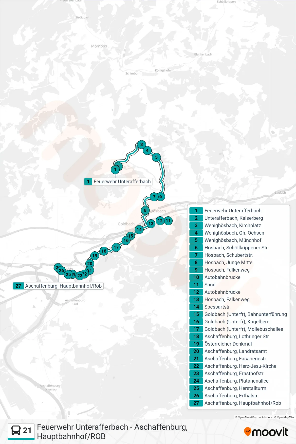 21 bus Line (Aschaffenburg) route and stops on a map