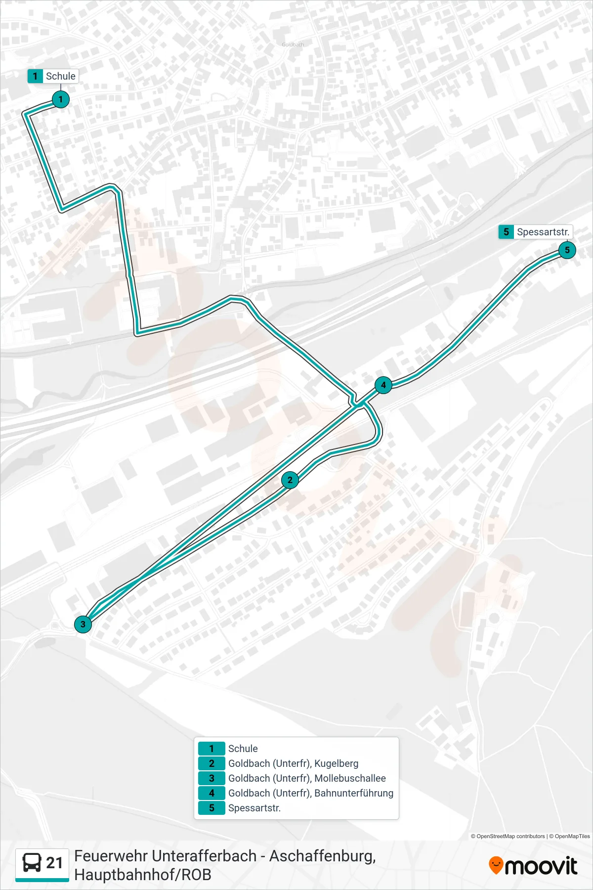 21 bus Line (Schulbus) route and stops on a map