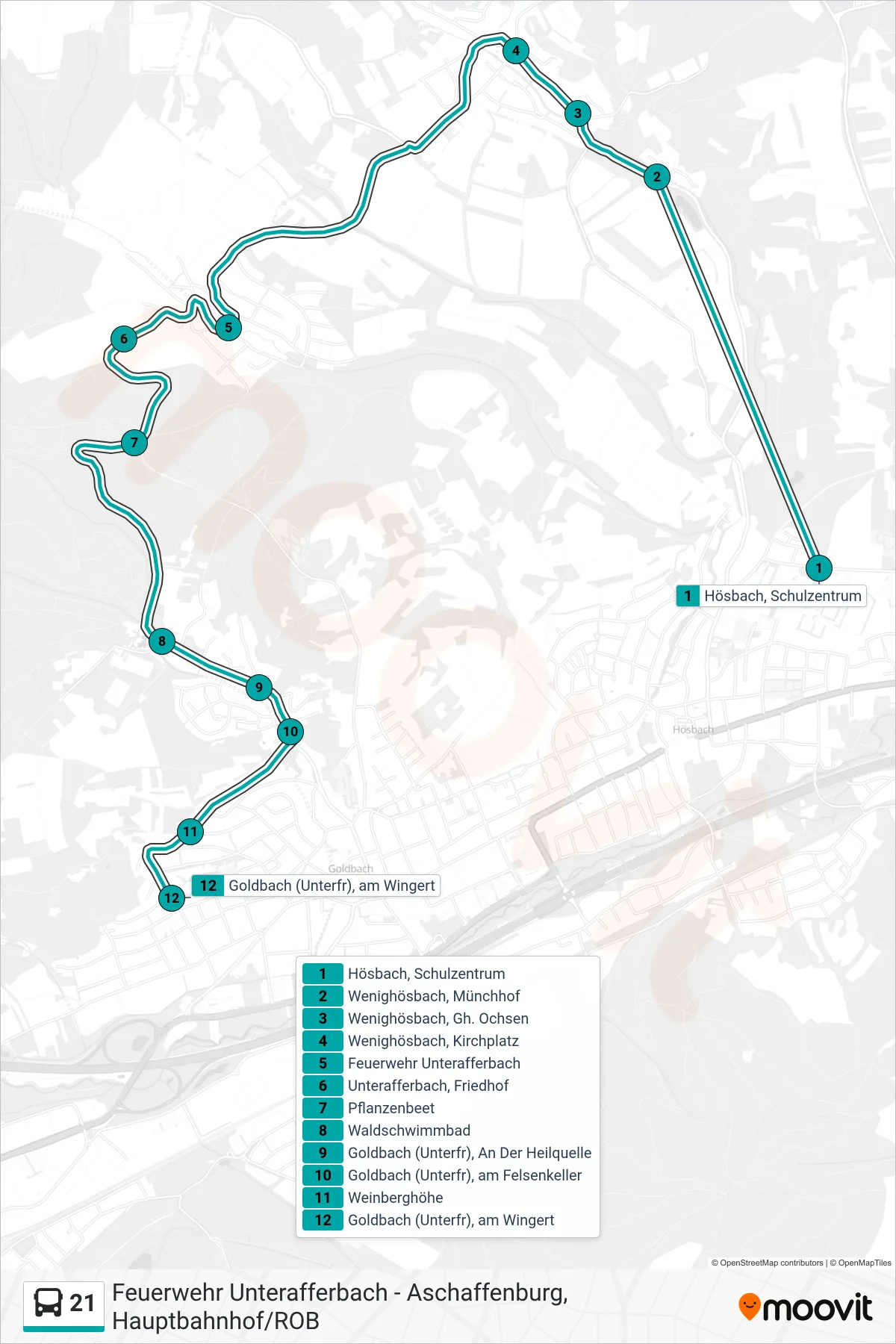 Linie 21 (Bus) Richtung Goldbach (Unterfr), am Wingert: Route und Haltestellen auf der Karte