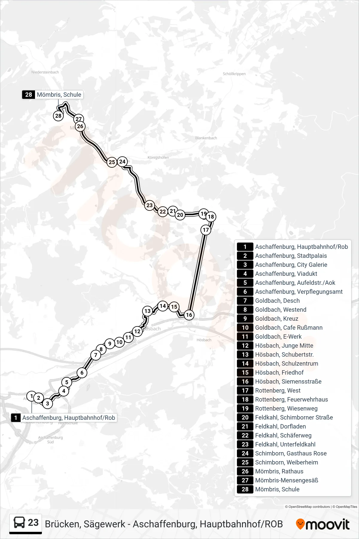 23 bus Line (Mömbris, Schule) route and stops on a map