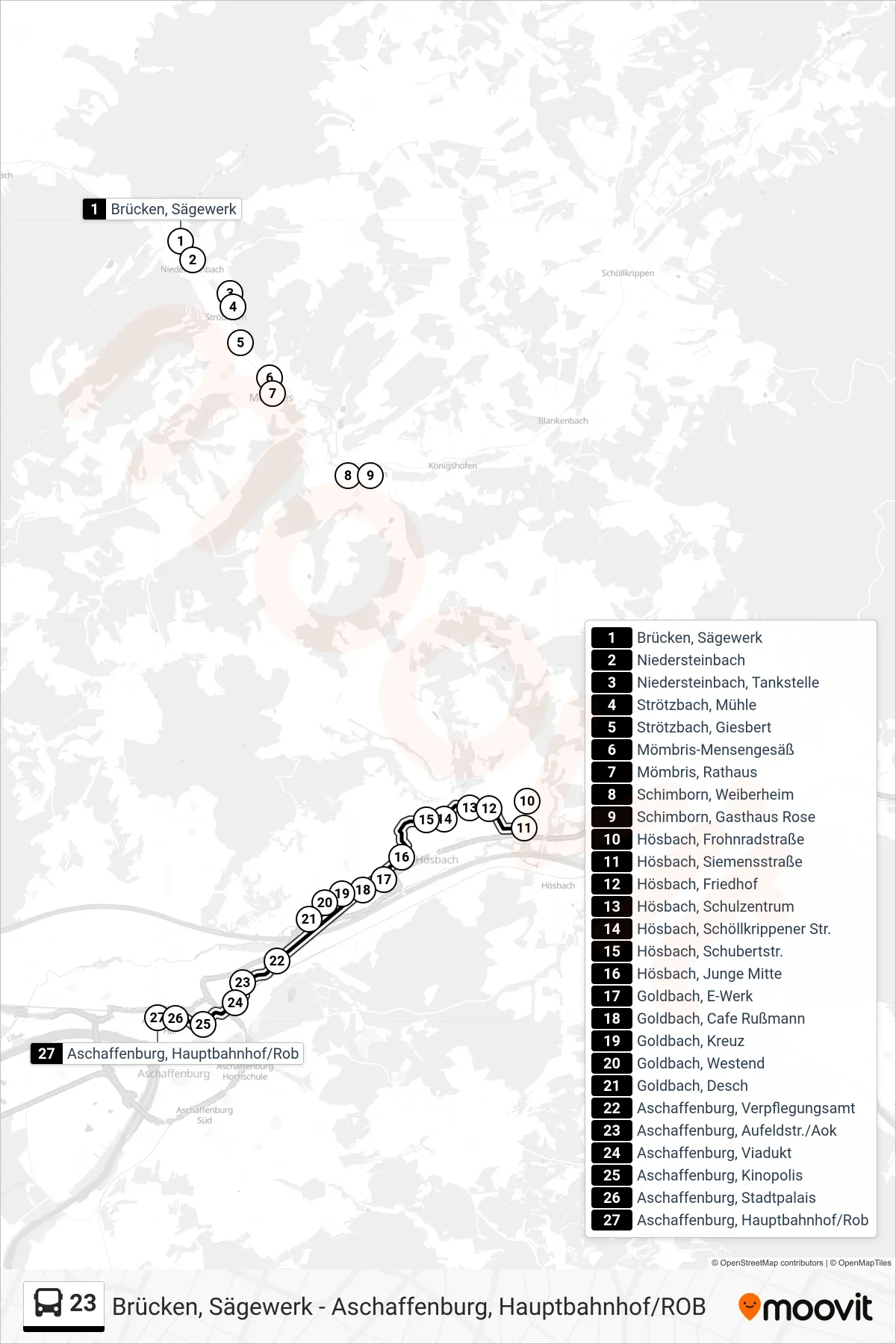 23 bus Line (Aschaffenburg, Hauptbahnhof/Rob) route and stops on a map