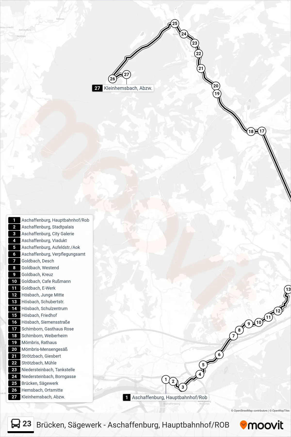 23 bus Line (Kleinhemsbach, Abzw.) route and stops on a map