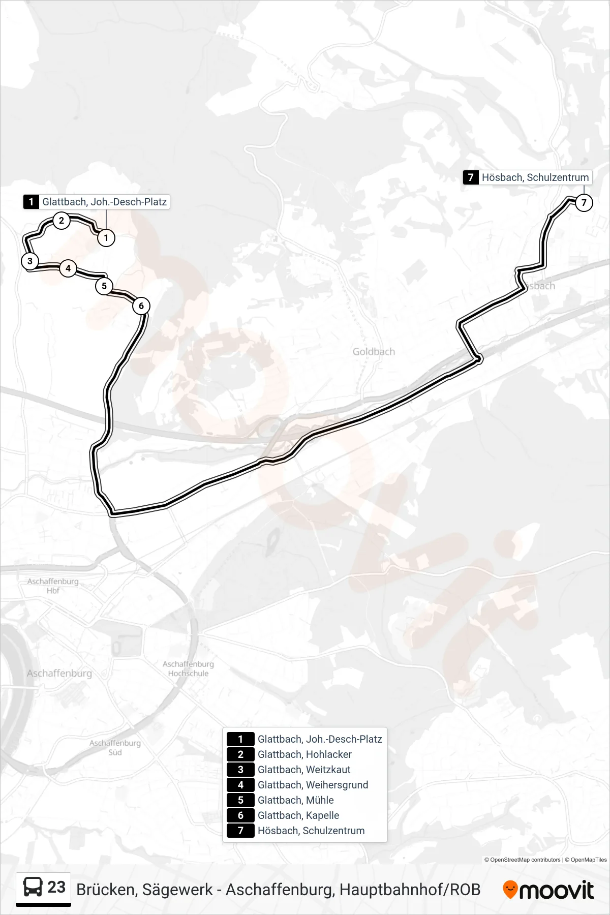 23 bus Line (Hösbach Sz) route and stops on a map