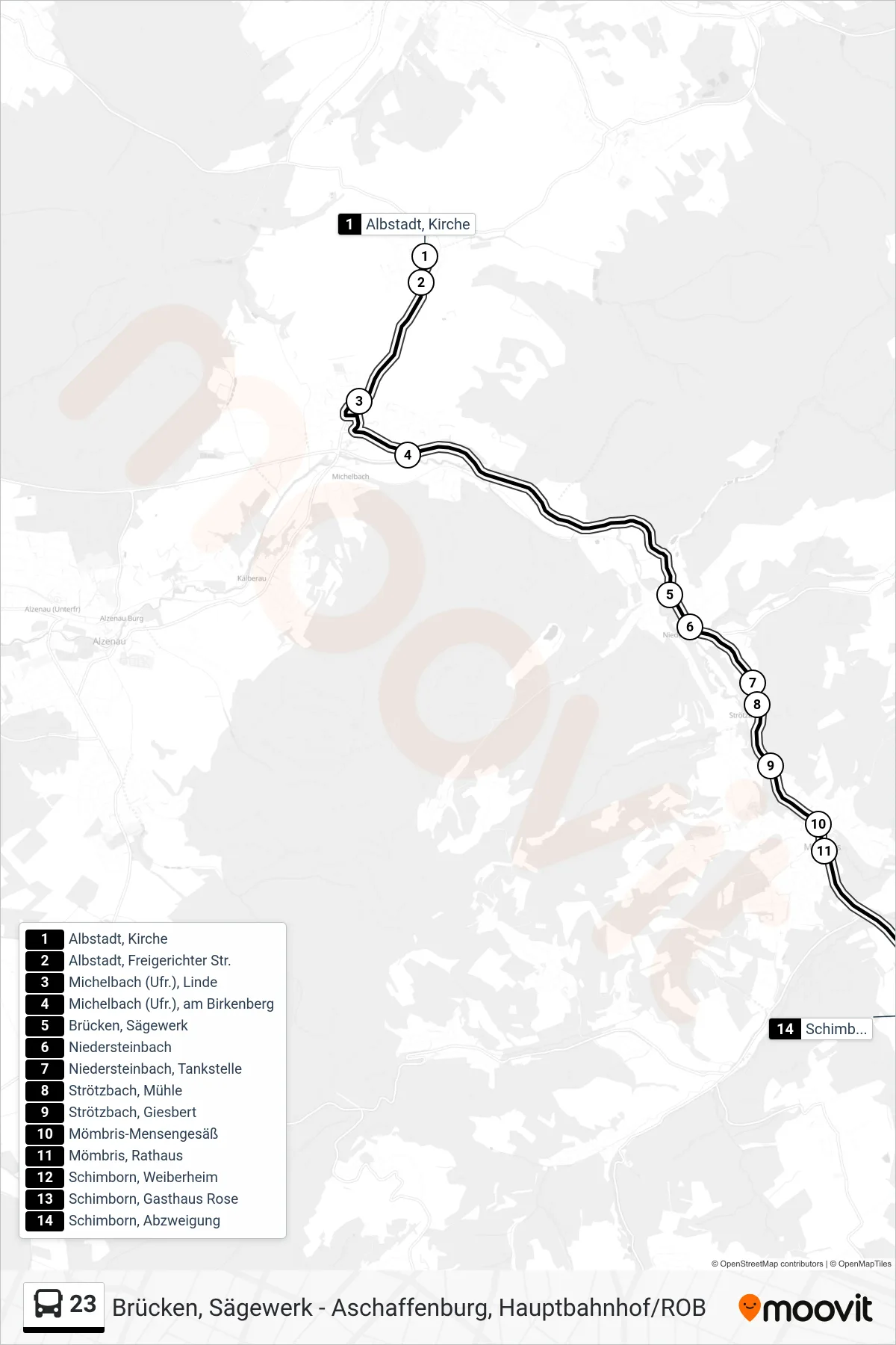 23 bus Line (Aschaffenburg; Umstieg In Schimborn) route and stops on a map