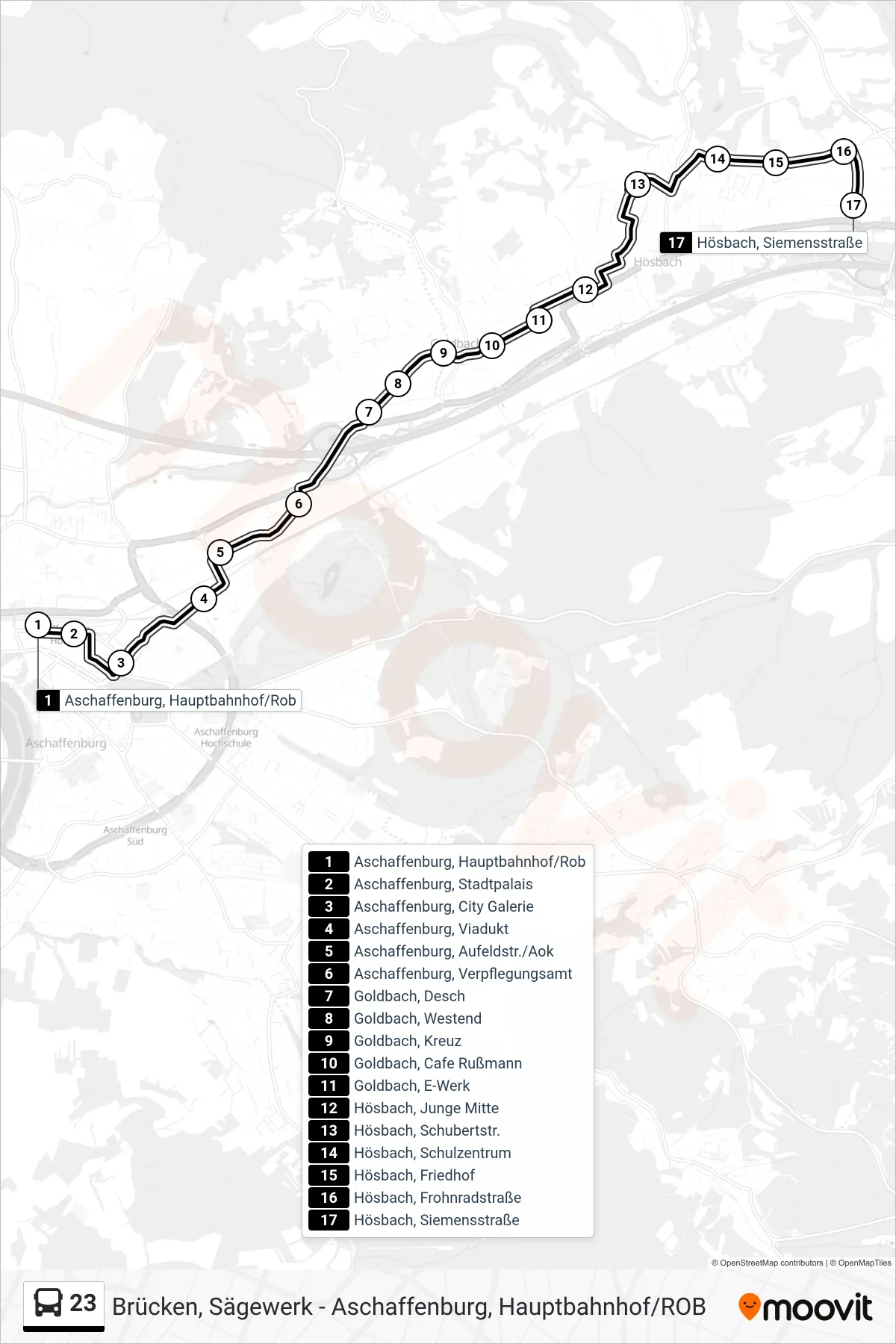 23 bus Line (Hösbach Siemensstr.) route and stops on a map
