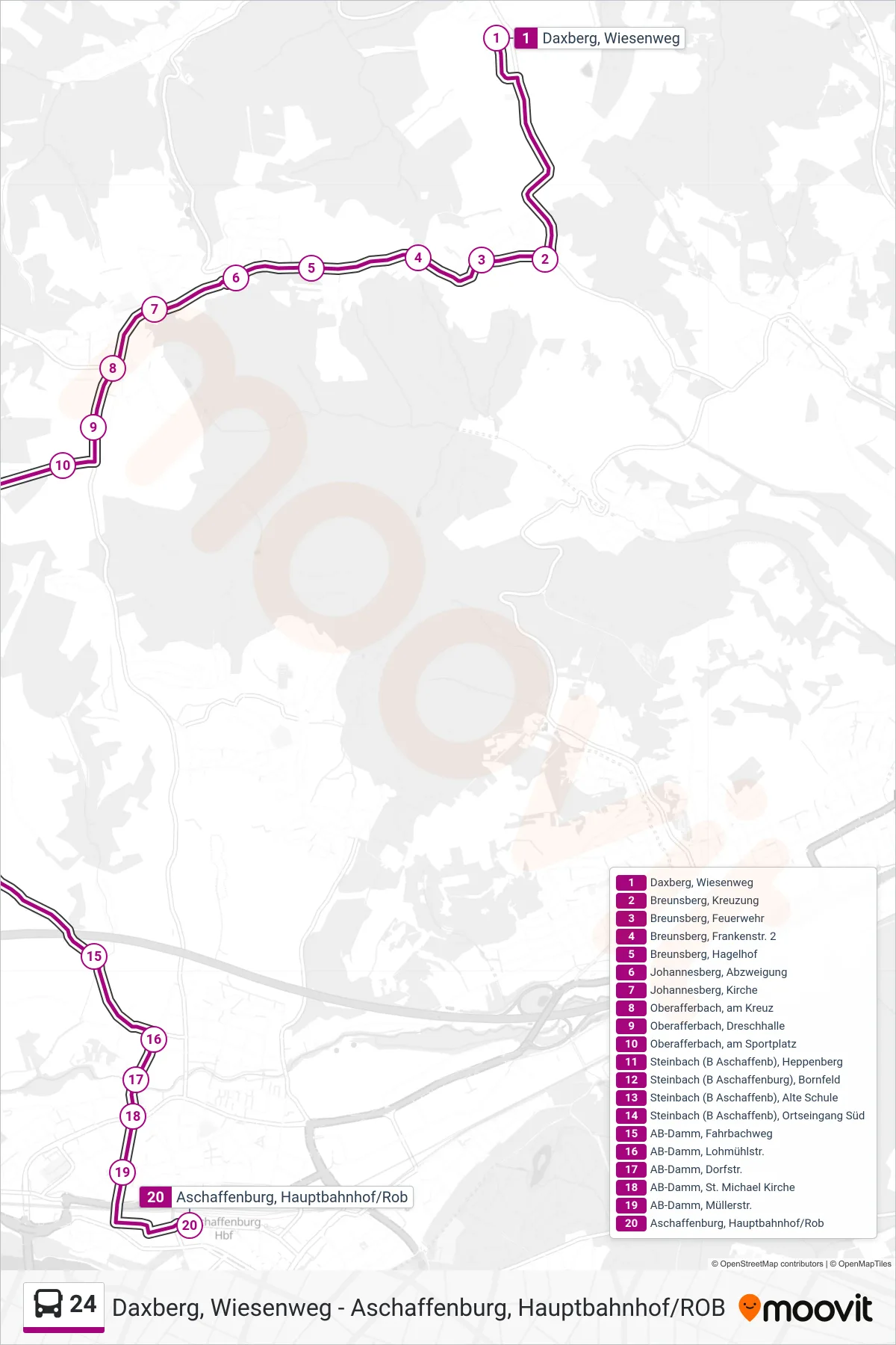 24 bus Line (Aschaffenburg, Hauptbahnhof/Rob) route and stops on a map