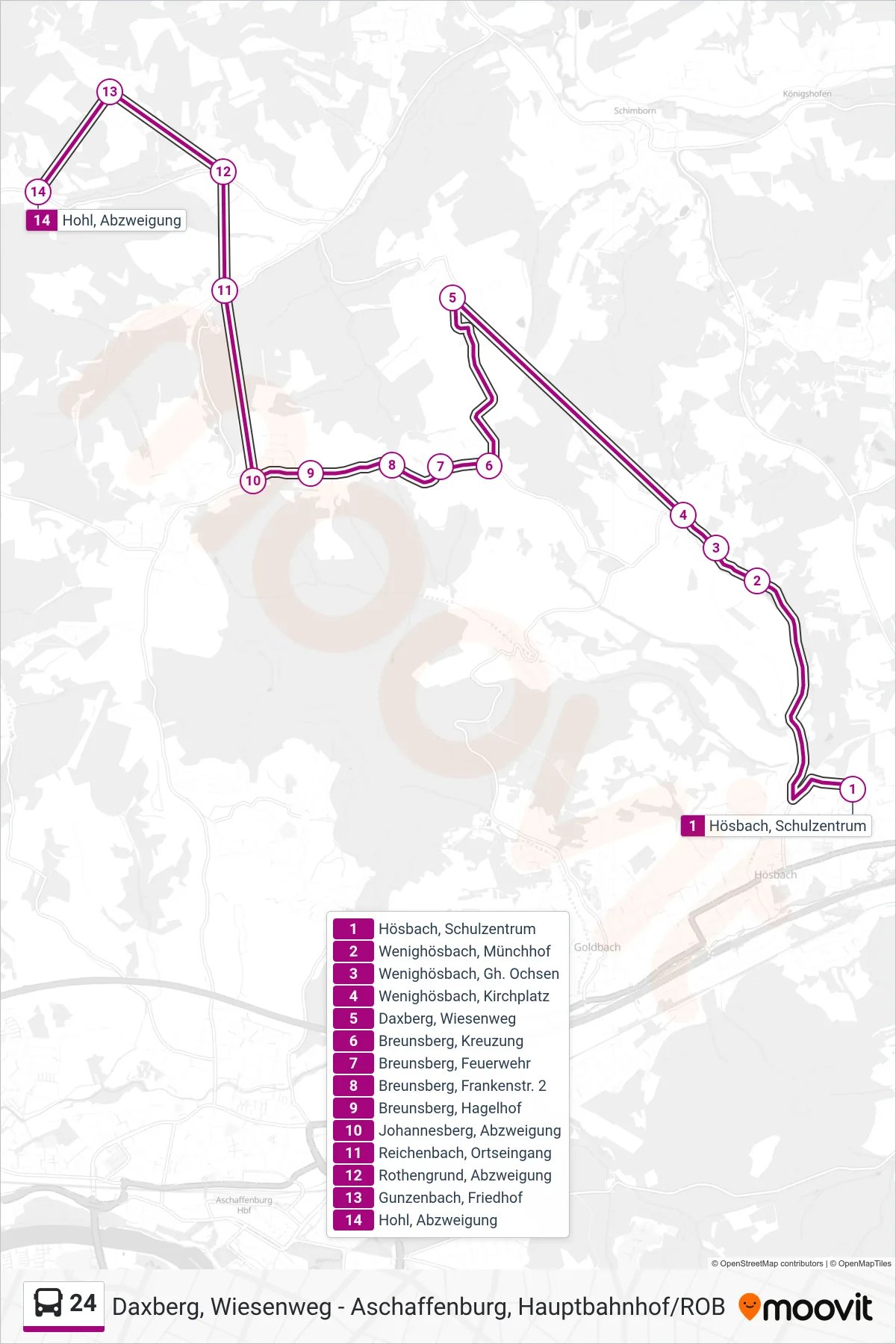 24 bus Line (Hohl, Abzweigung) route and stops on a map