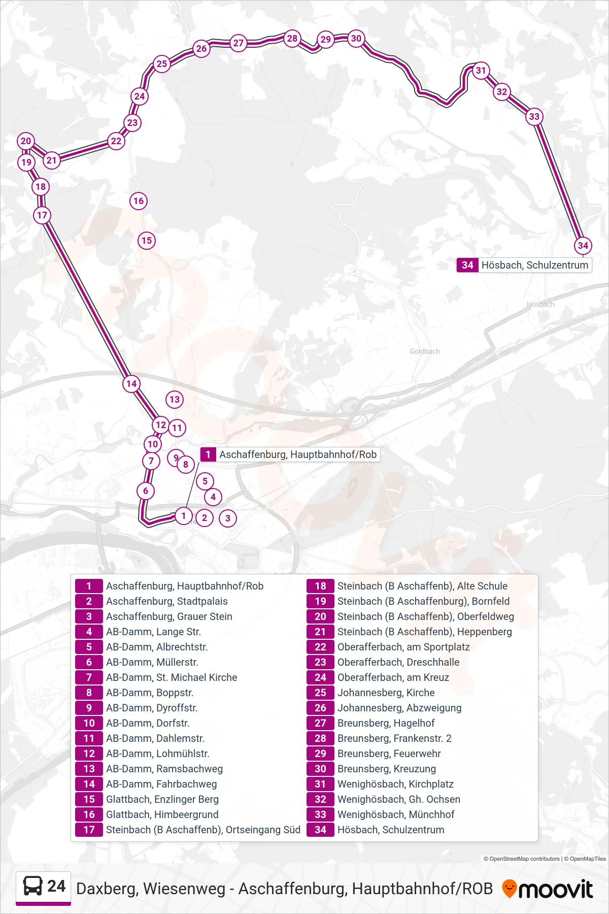 24 bus Line (Hösbach, Schulzentrum) route and stops on a map