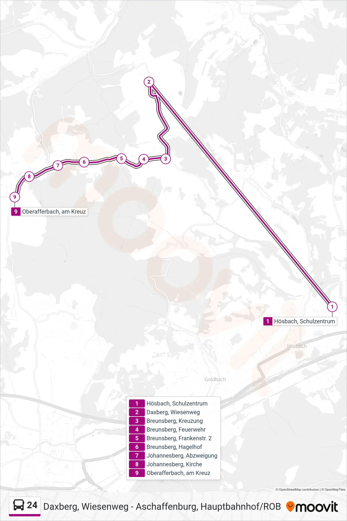 24 bus Line (Oberafferbach, am Kreuz) route and stops on a map