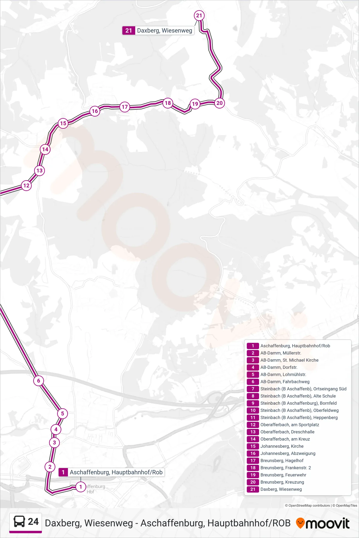24 bus Line (Daxberg, Wiesenweg) route and stops on a map