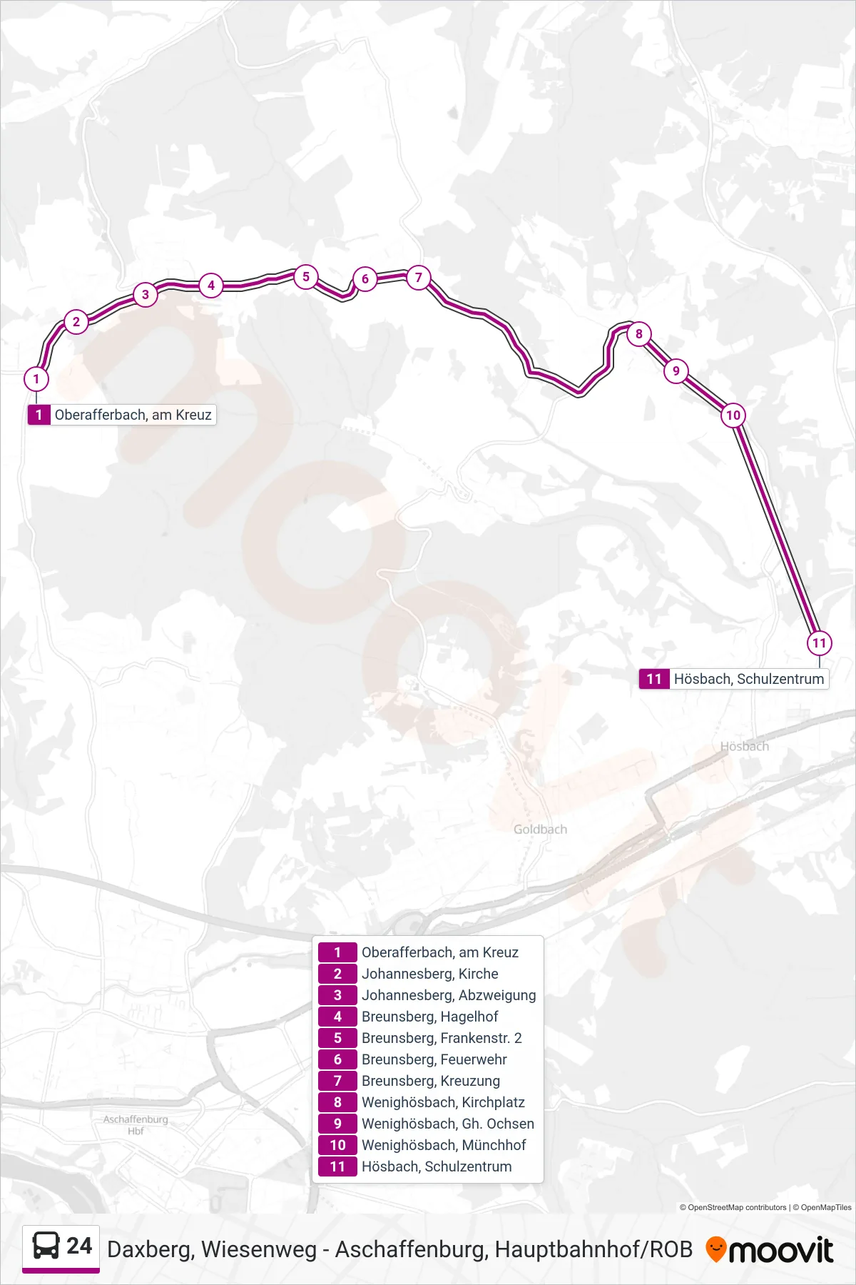 24 bus Line (Hösbach Sz) route and stops on a map