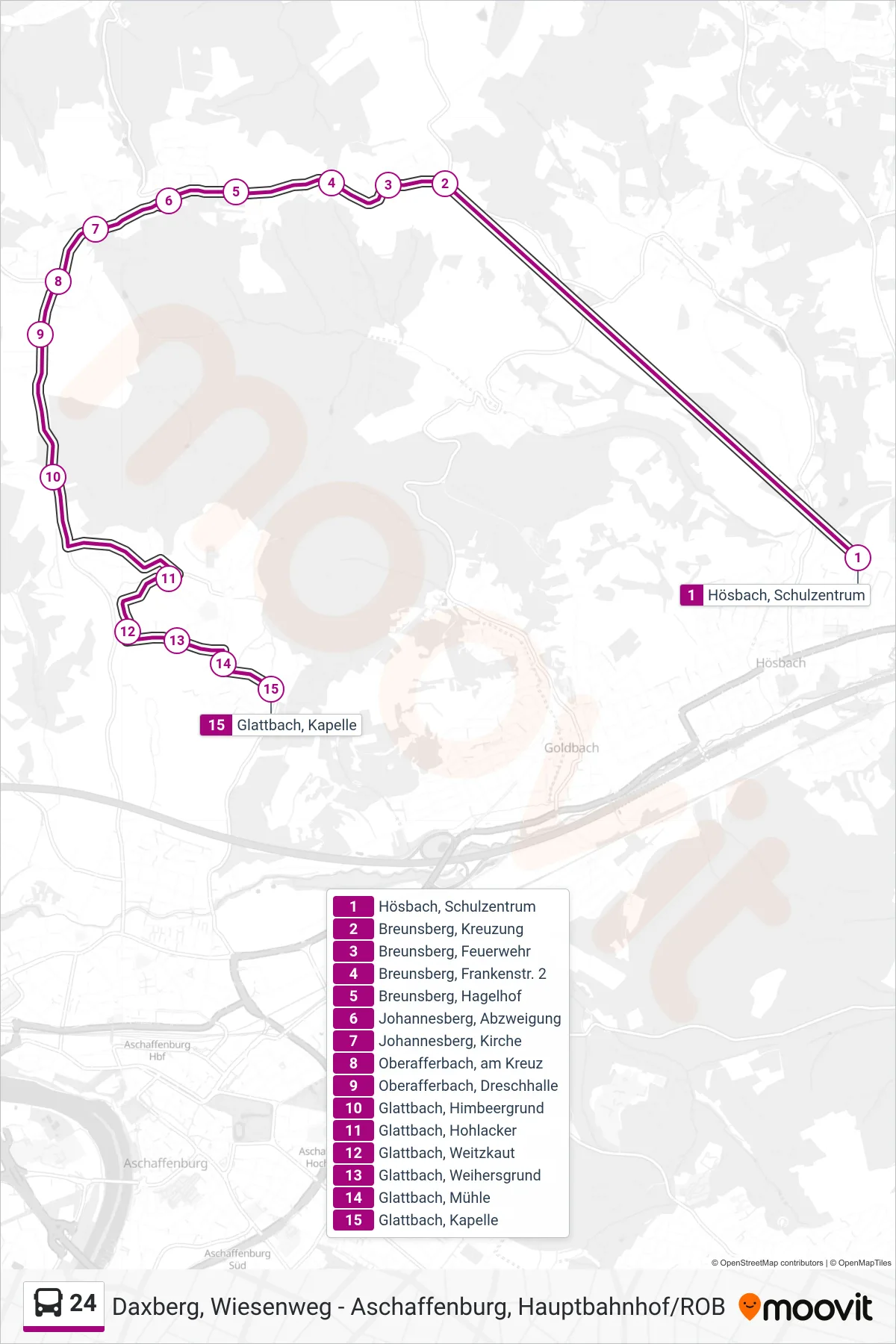 Linie 24 (Bus) Richtung Glattbach, Kapelle: Route und Haltestellen auf der Karte
