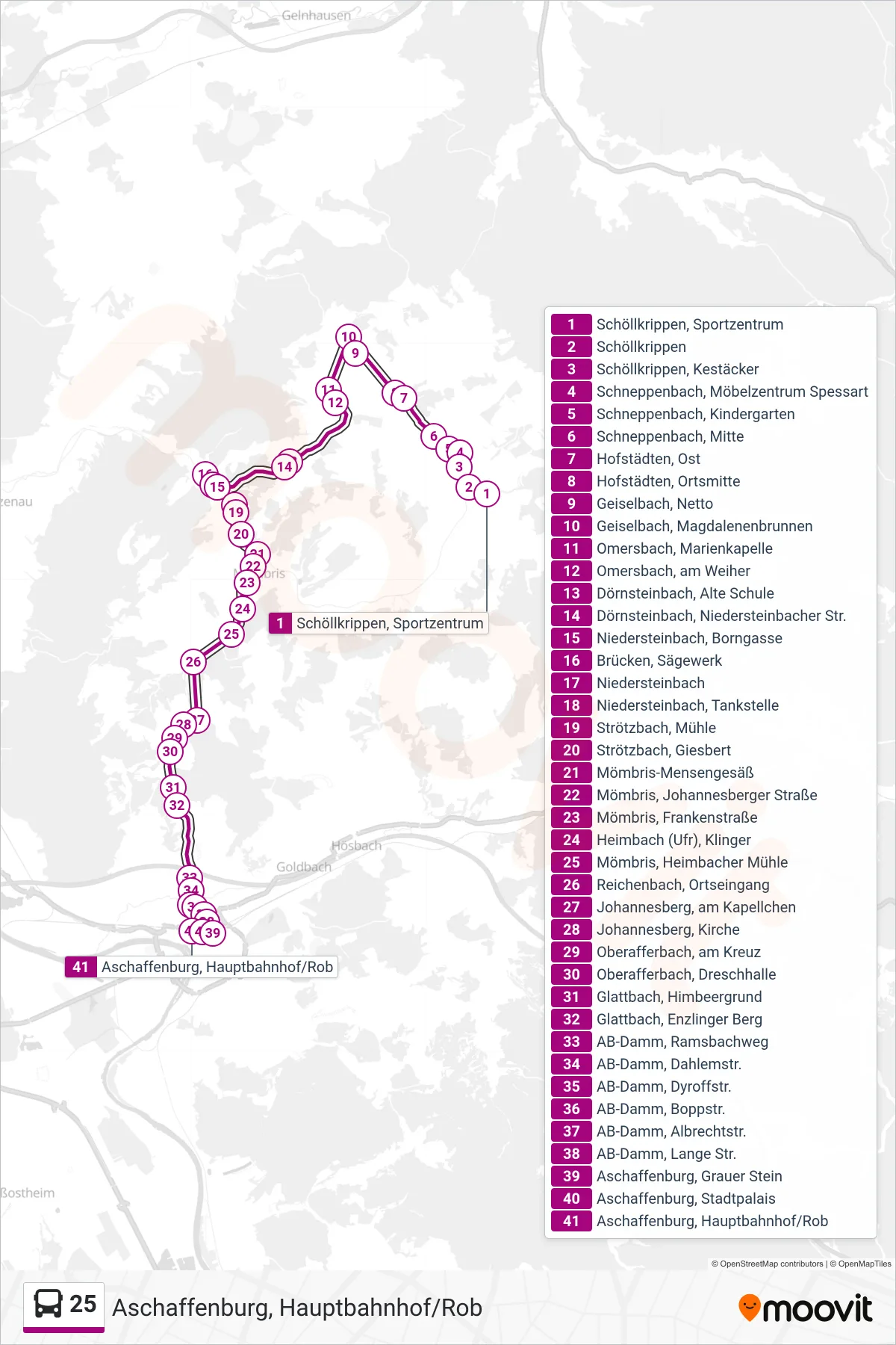 25 bus Line (Aschaffenburg, Hauptbahnhof/Rob) route and stops on a map