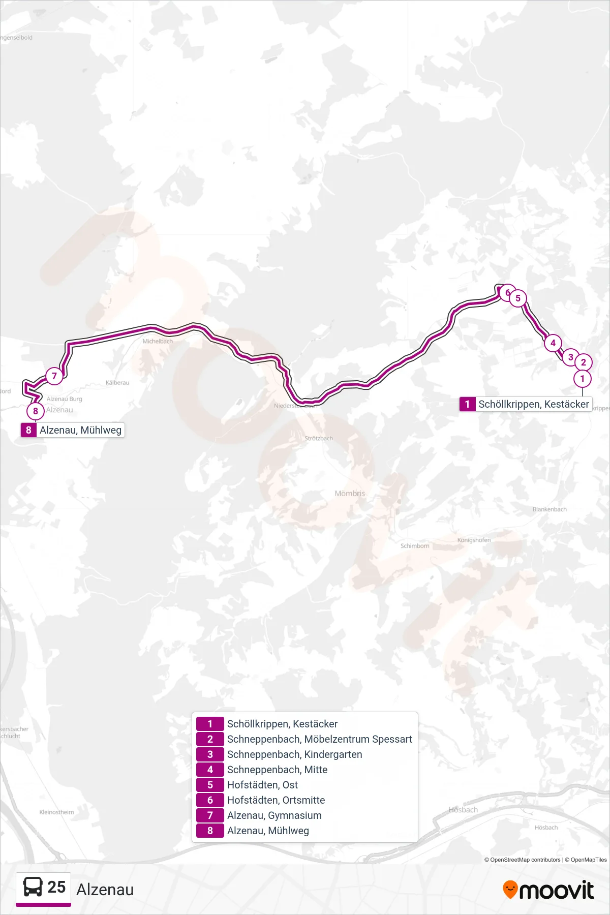 25 bus Line (Alzenau) route and stops on a map