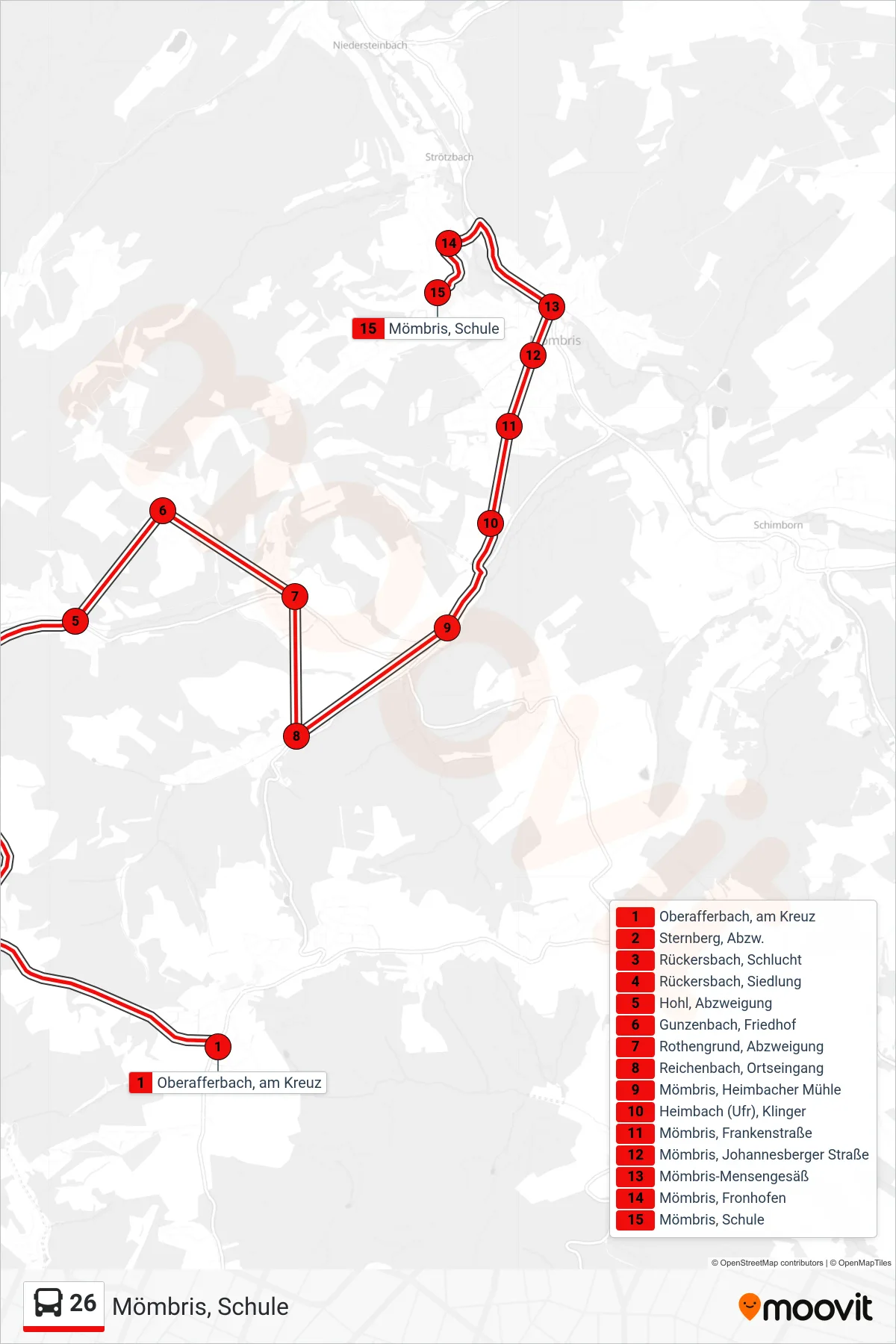 26 bus Line (Mömbris, Schule) route and stops on a map