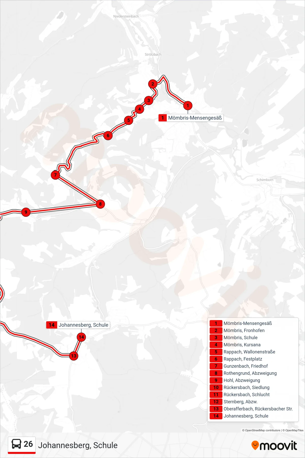 26 bus Line (Johannesberg, Schule) route and stops on a map