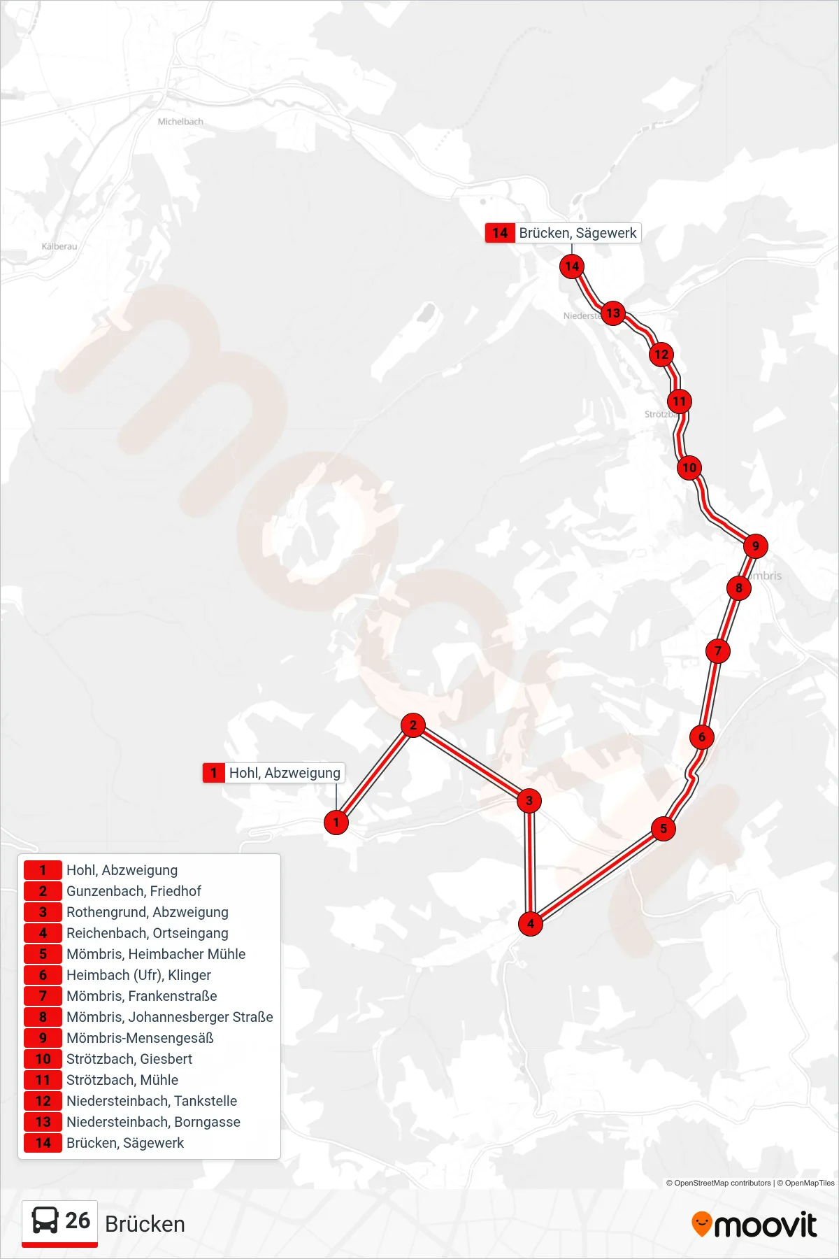 26 bus Line (Brücken) route and stops on a map