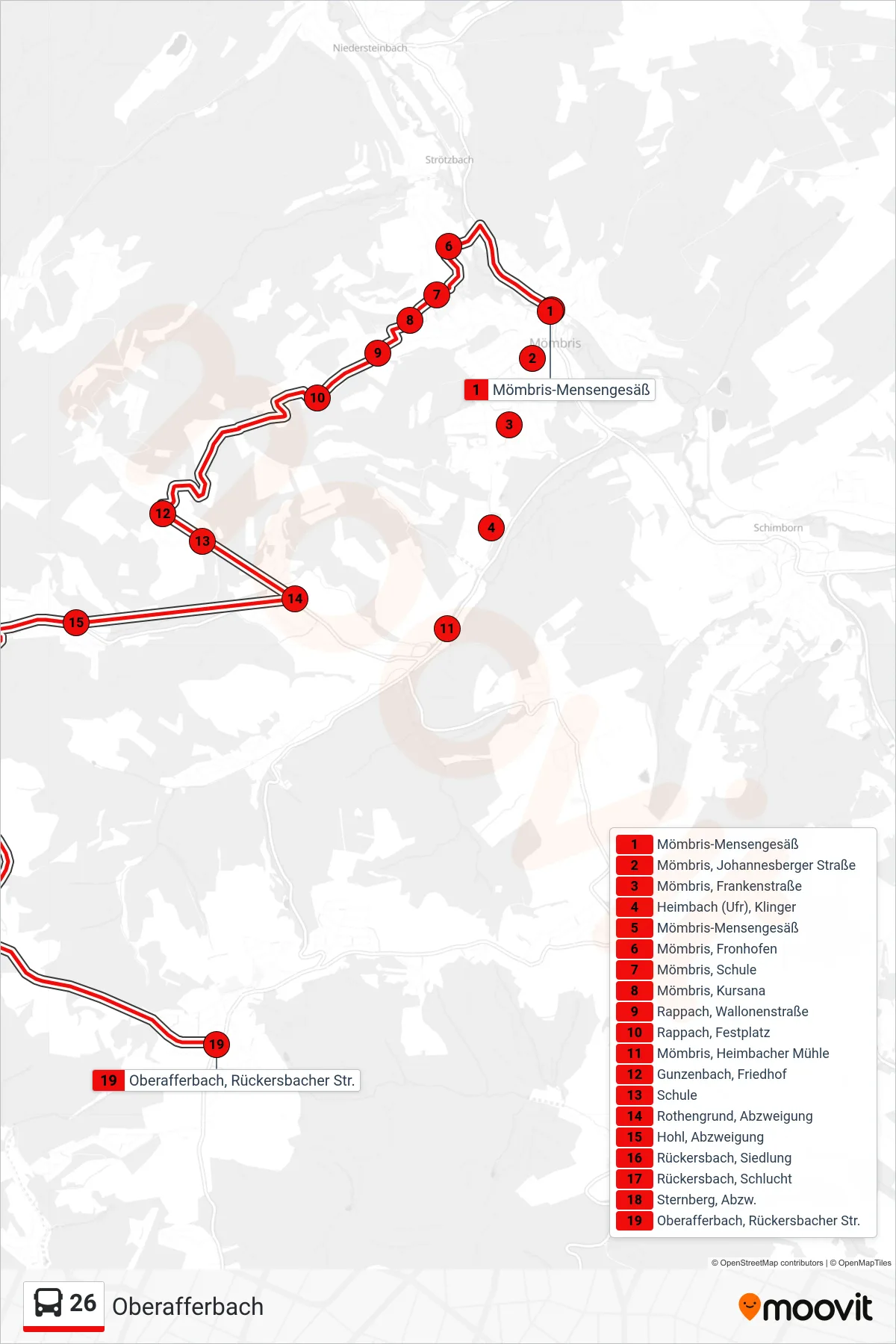 26 bus Line (Oberafferbach) route and stops on a map