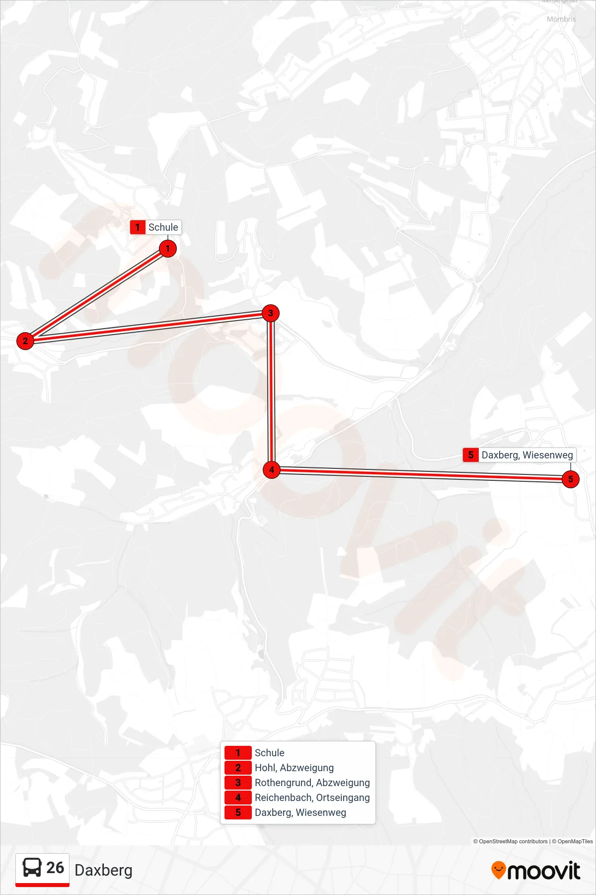 26 bus Line (Daxberg) route and stops on a map