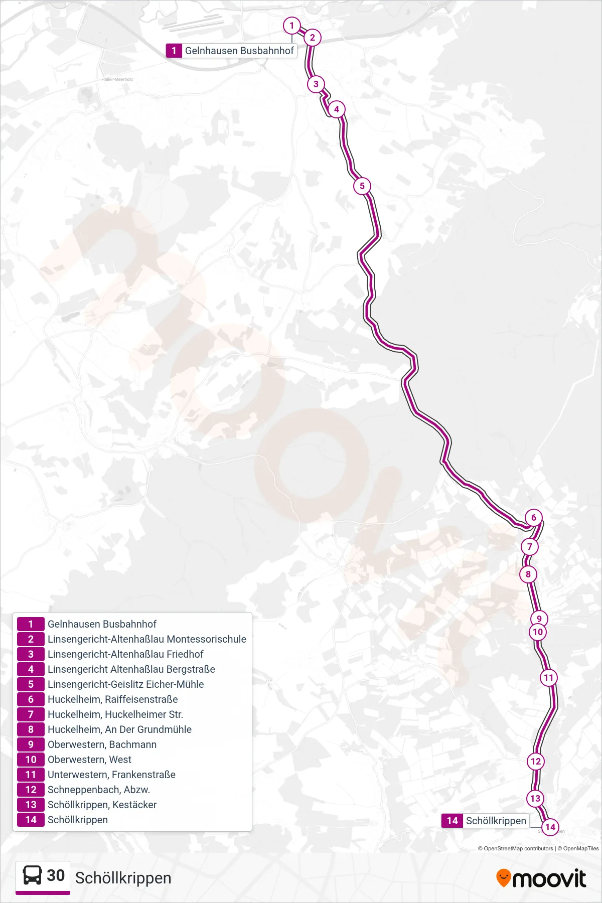 30 bus Line (Schöllkrippen) route and stops on a map