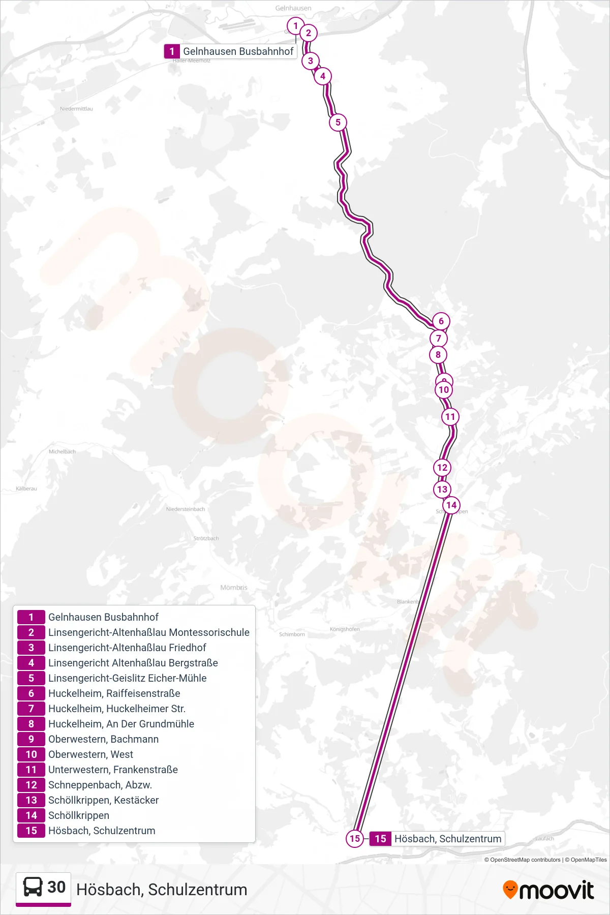 30 bus Line (Hösbach, Schulzentrum) route and stops on a map