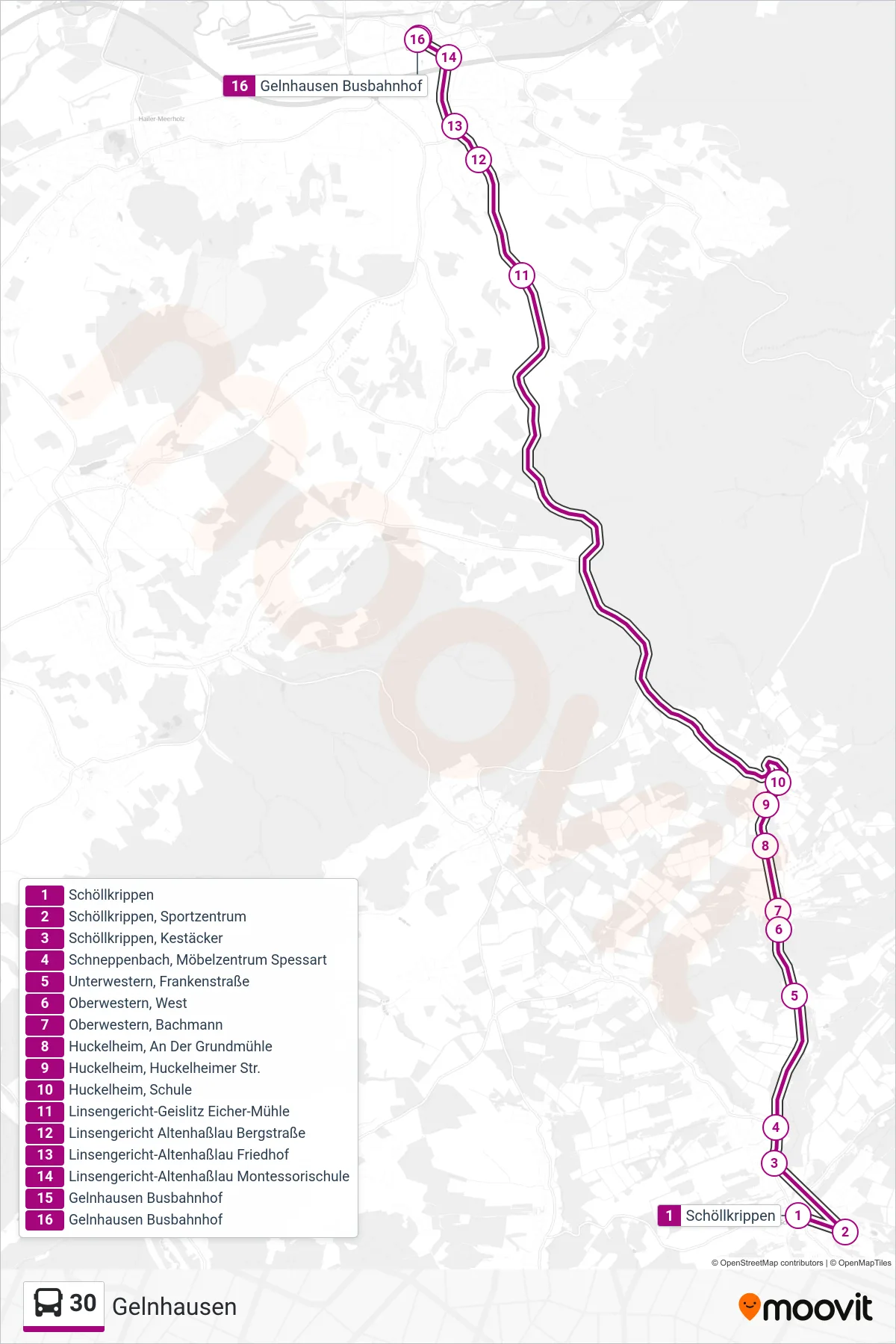 Linie 30 (Bus) Richtung Gelnhausen: Route und Haltestellen auf der Karte