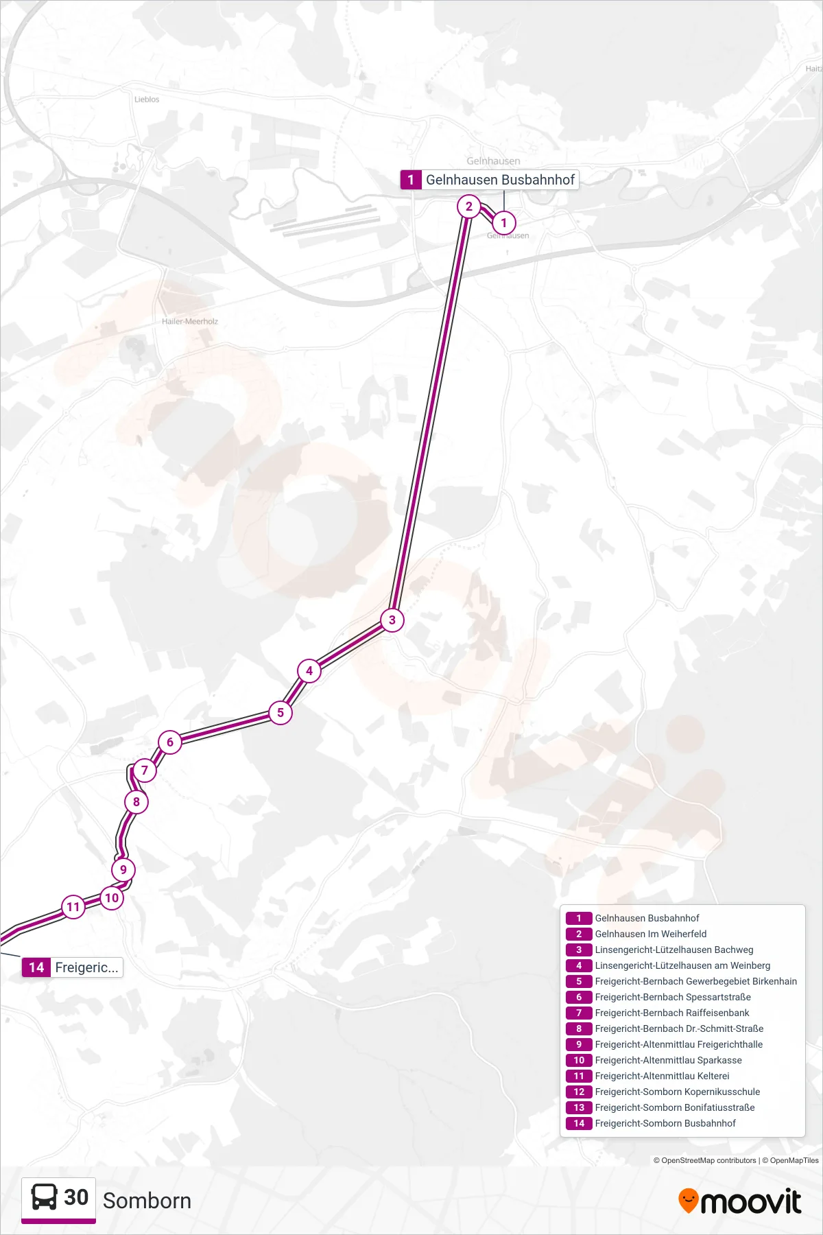 30 bus Line (Somborn) route and stops on a map