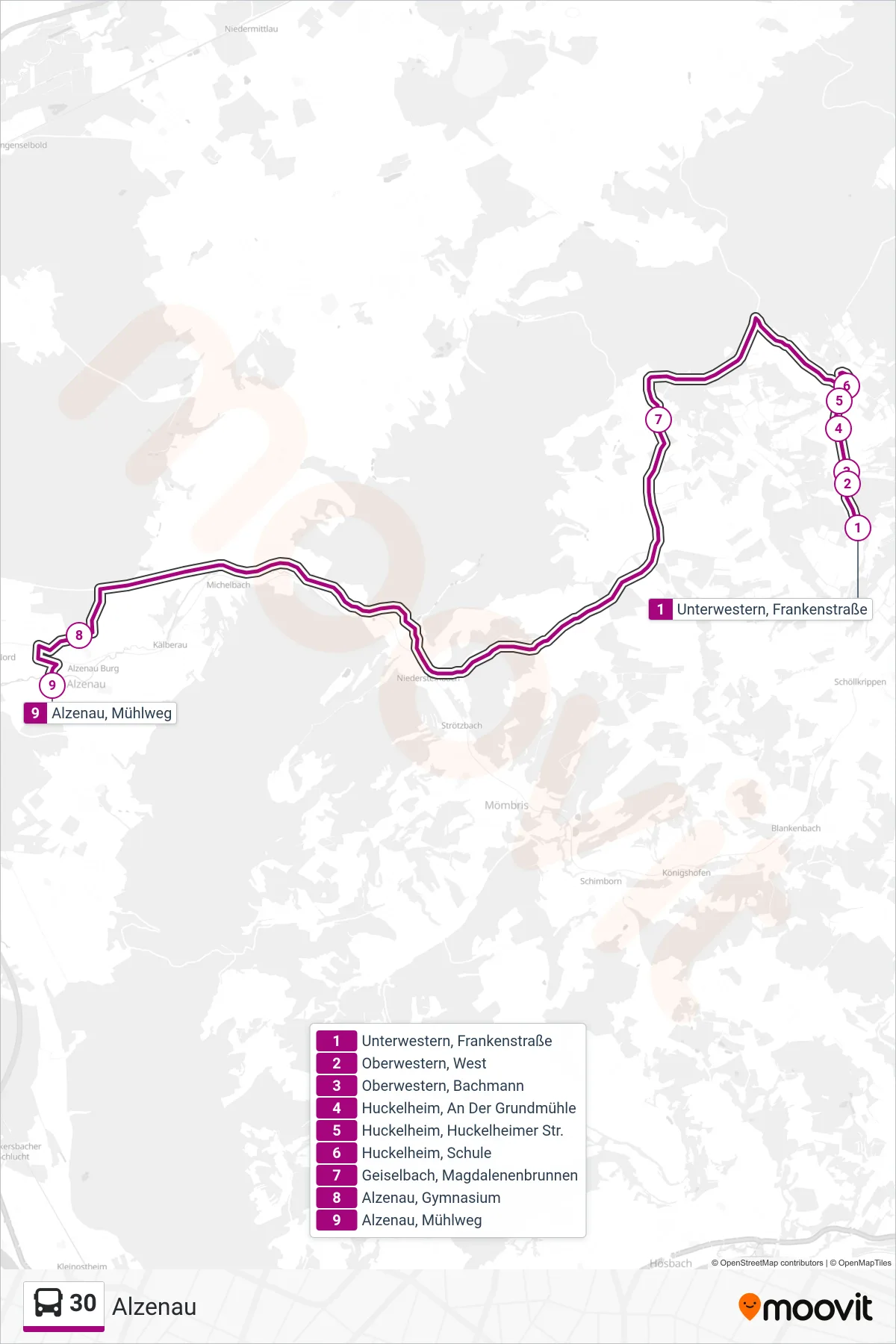 30 bus Line (Alzenau) route and stops on a map