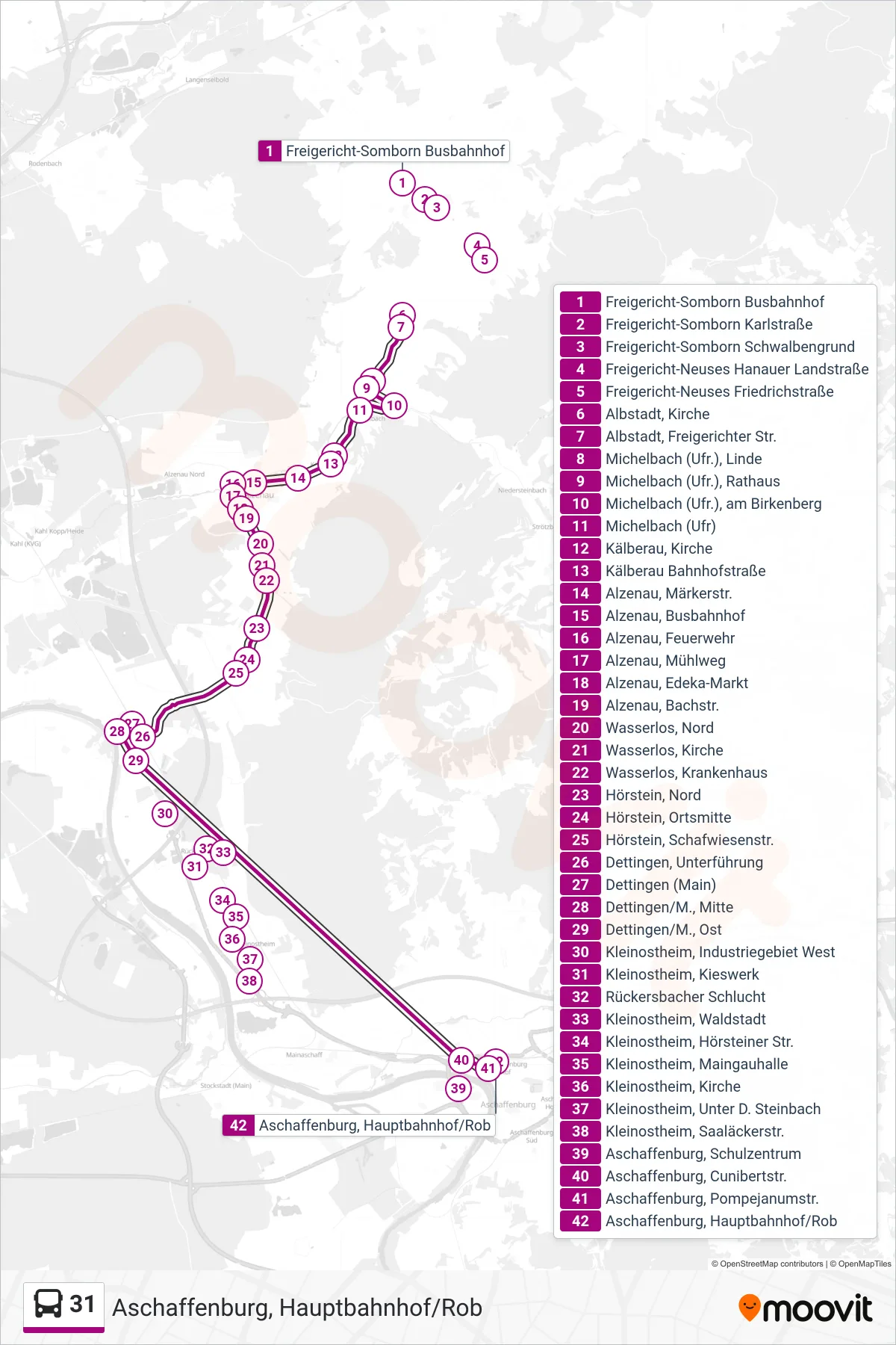 31 bus Line (Aschaffenburg, Hauptbahnhof/Rob) route and stops on a map